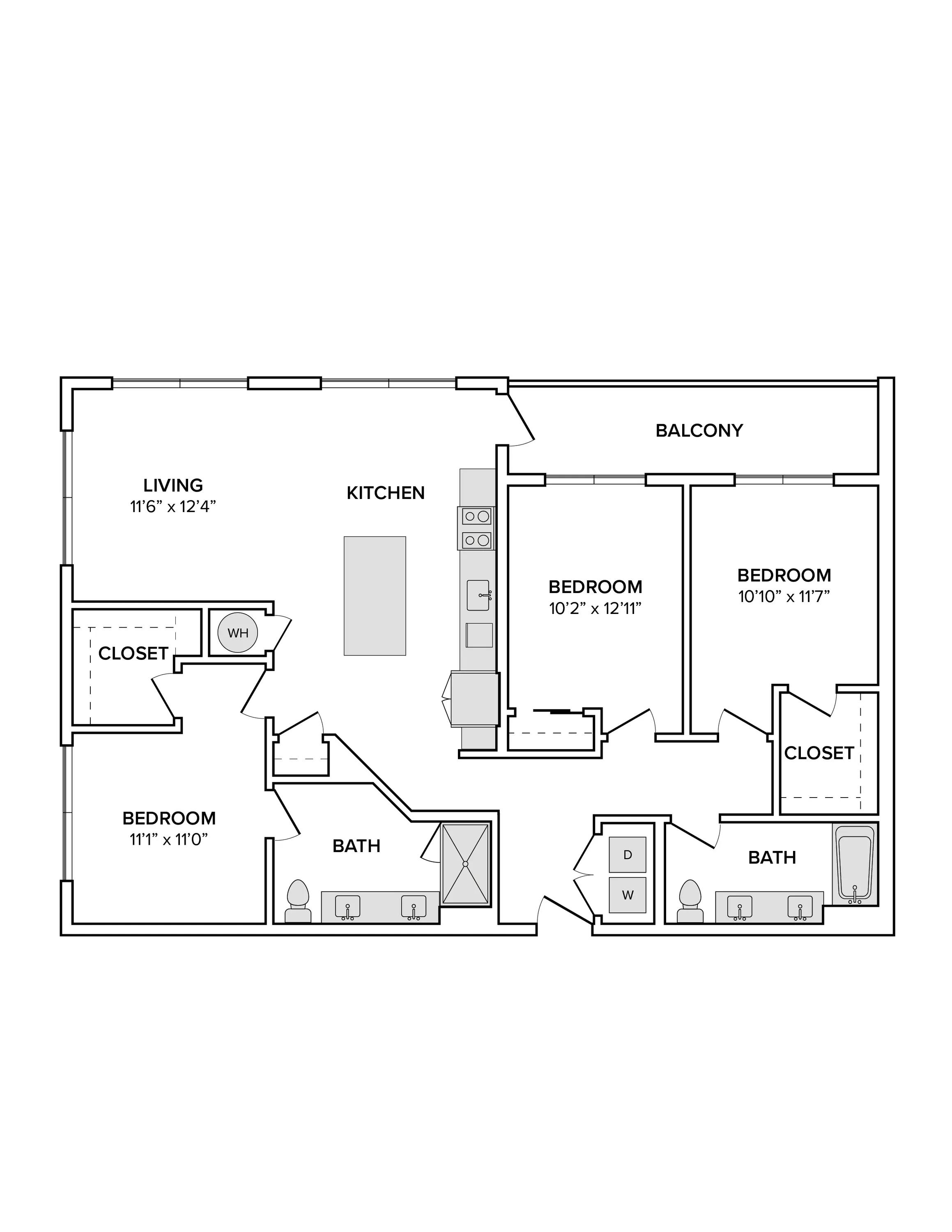 1400 square foot three bed two bath apartment floor plan image