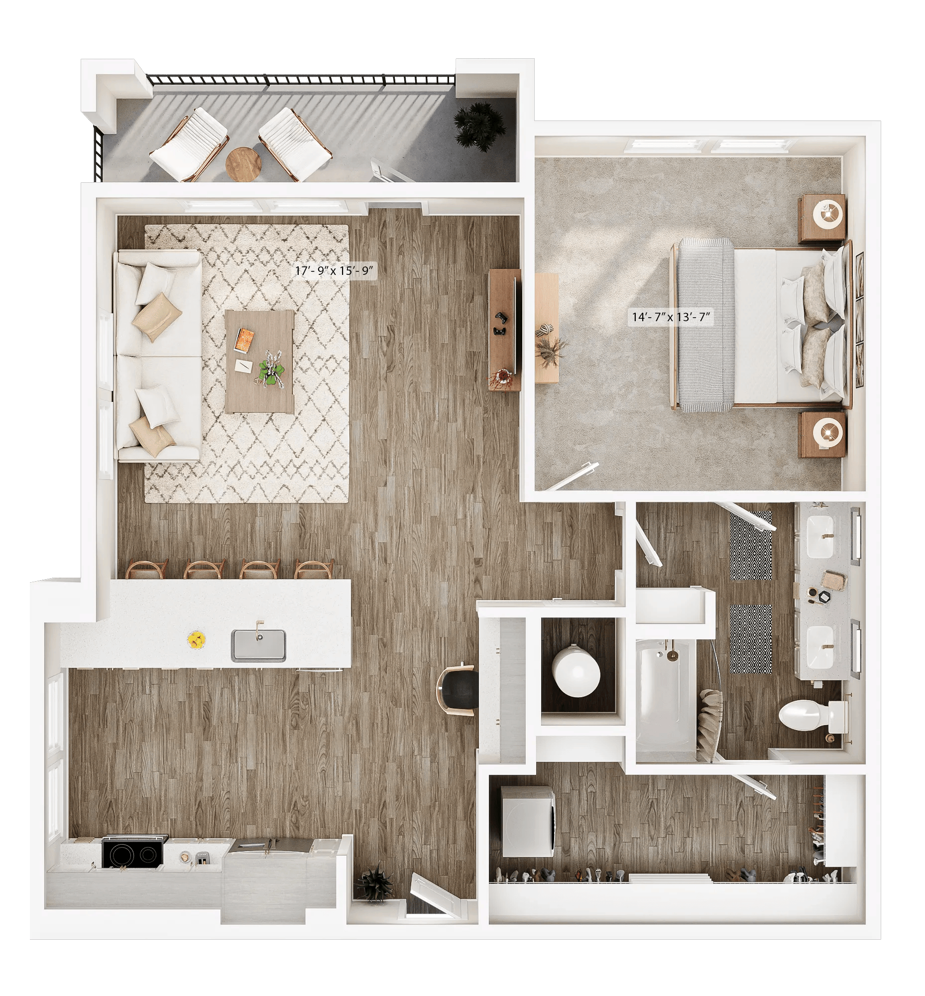 996 square foot one bedroom one bath apartment floor plan image