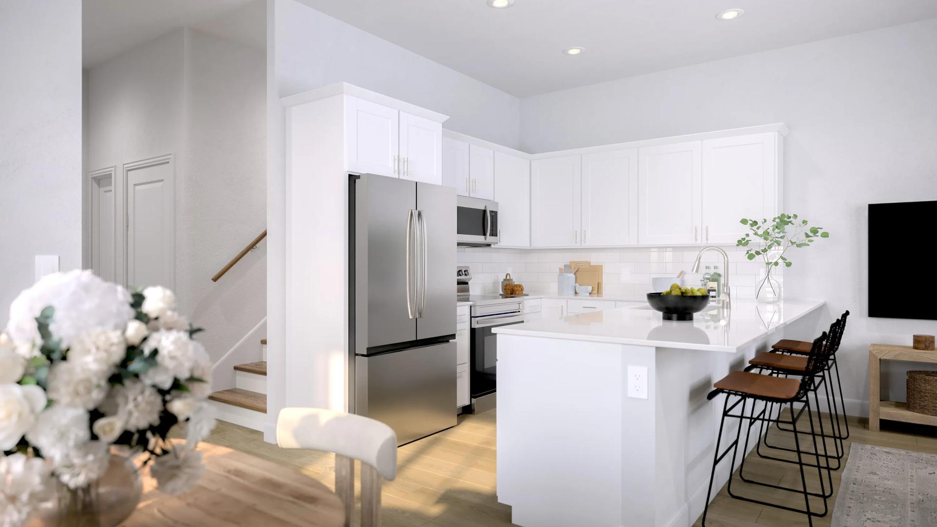 amavi queen creek interior kitchen rendering with white cabinetry stainless steel appliances and bar seating