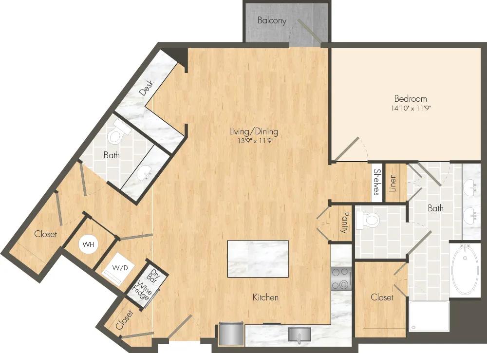 1170 square foot one bedroom one bath apartment floor plan in Dallas, TX