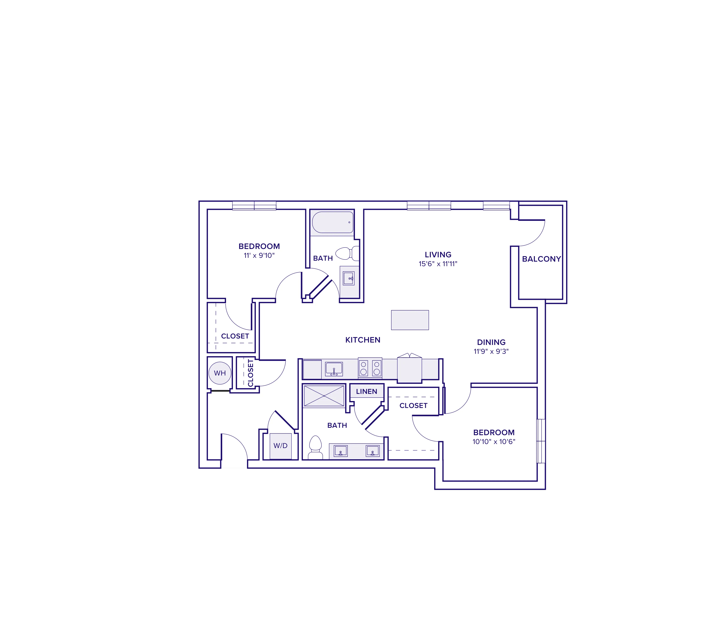 1082 square foot two bed two bath apartment floor plan in Atlanta, GA