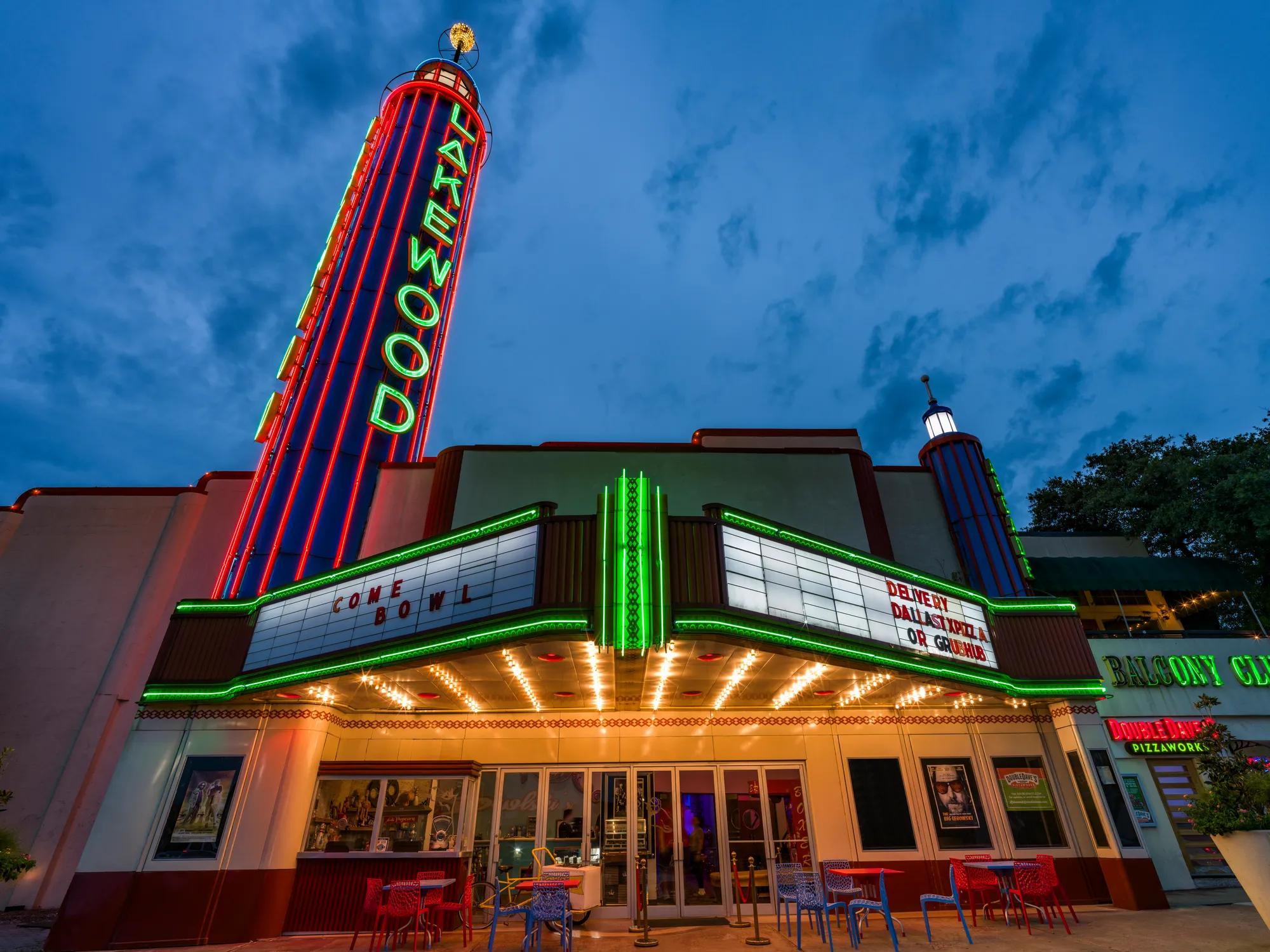 lakewood theater entrance neon signage modera trailhead apartment homes for rent in dallas tx