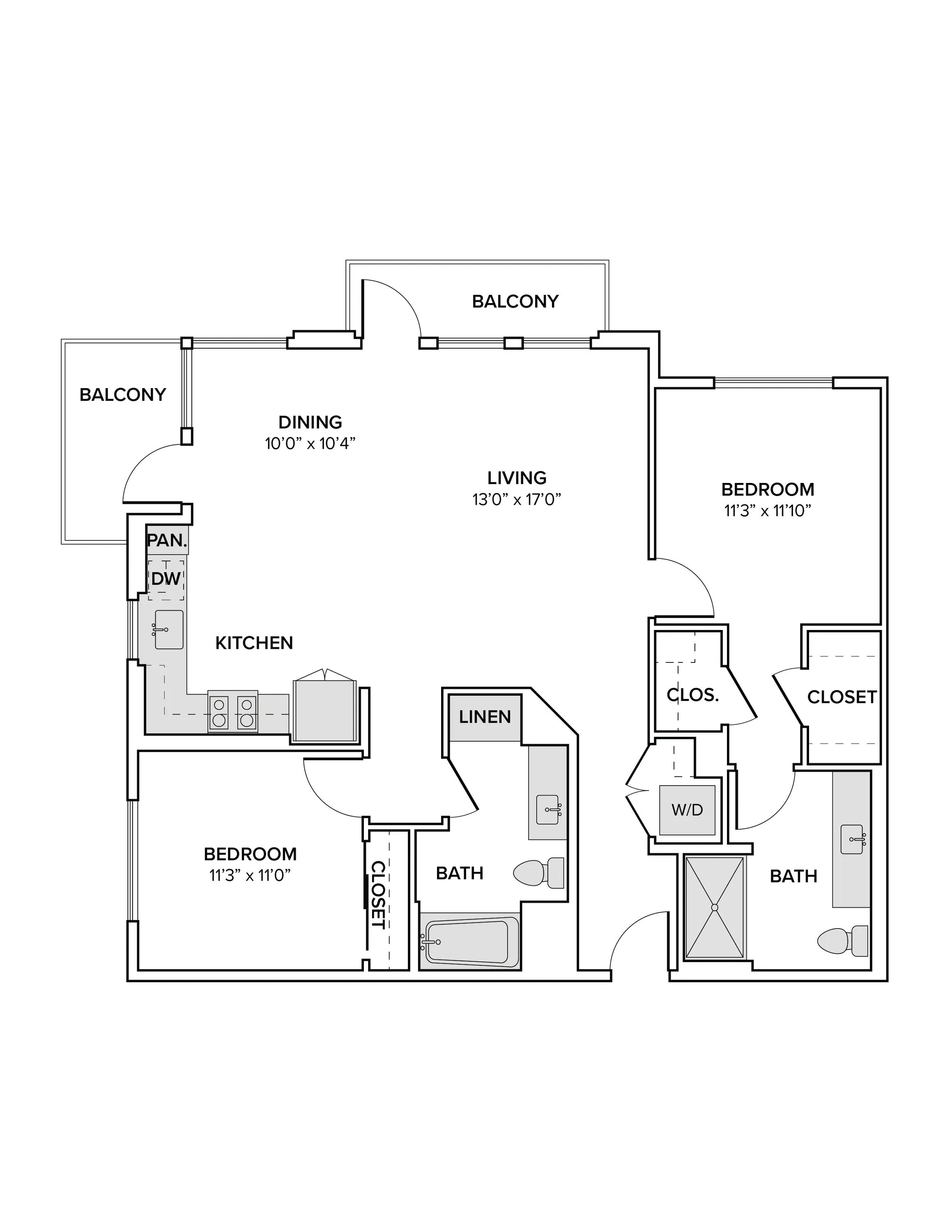 1165 square foot two bed two bath floor plan image