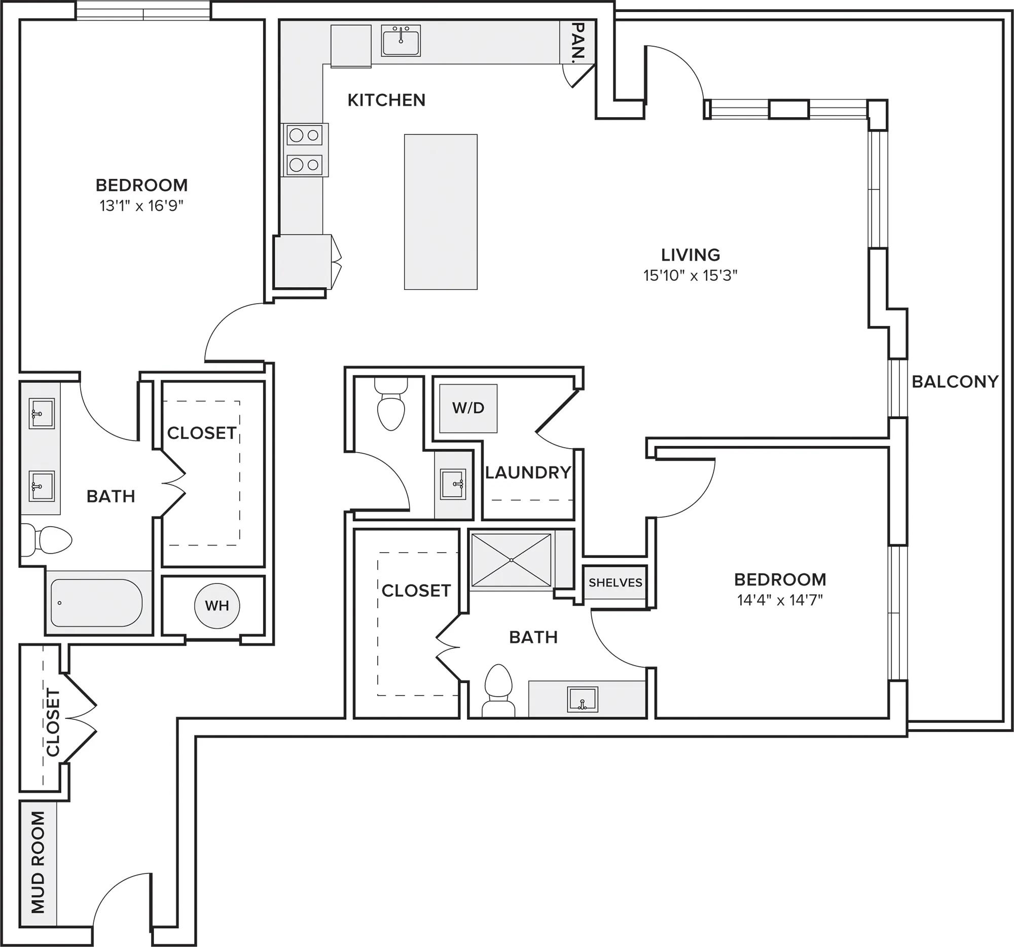 1461 square foot two bedroom two and a half bath apartment floor plan in Dallas, TX