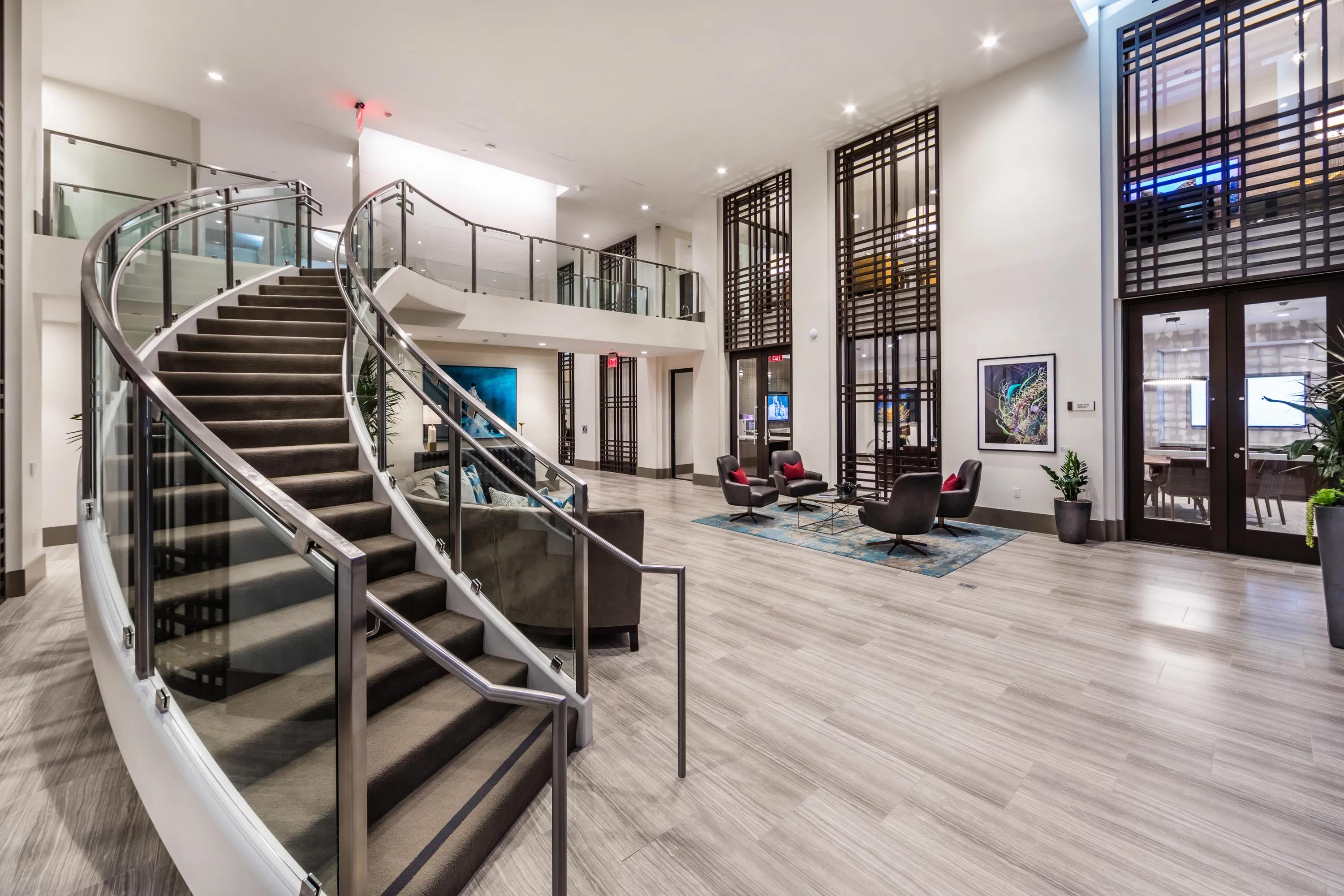 large staircase in leasing lobby 580 anton apartments for rent in costa mesa ca