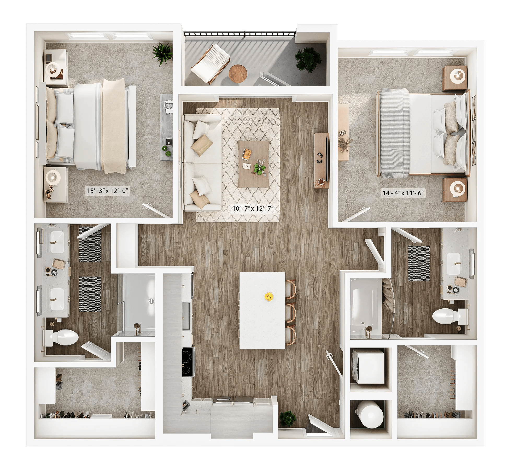 1118 square foot two bed two bath apartment floor plan image