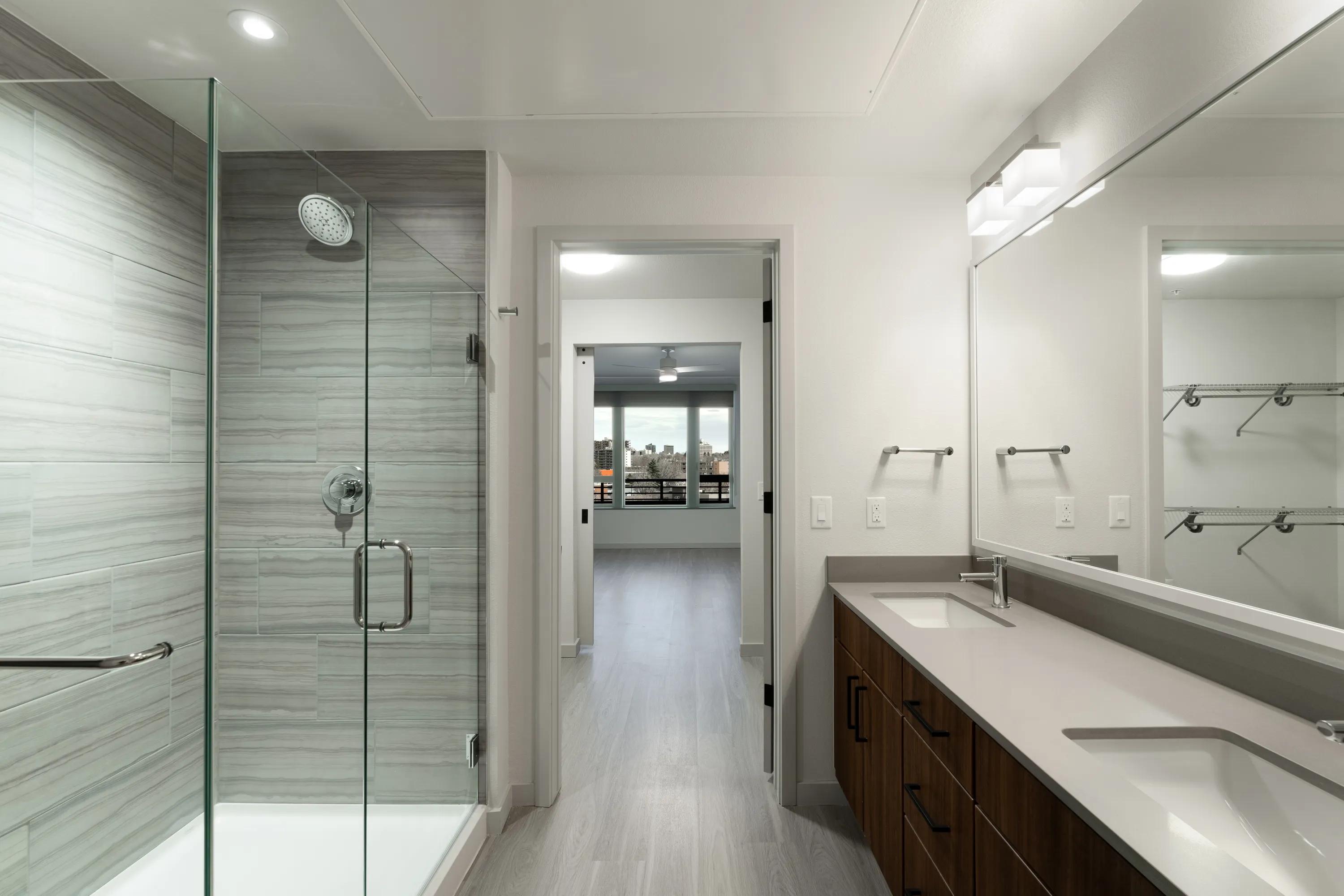 Ultra Modern Bathroom with Tile bathroom floors with floor-to-ceiling tile shower and tub surrounds