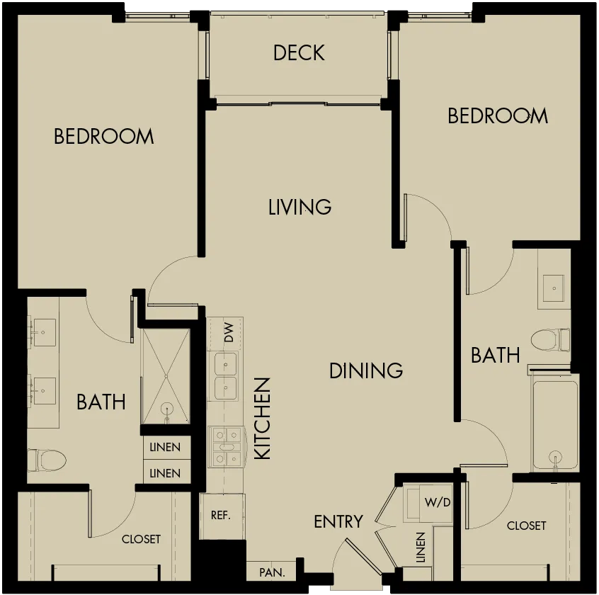1172 square foot two bedroom two bath apartment floor plan