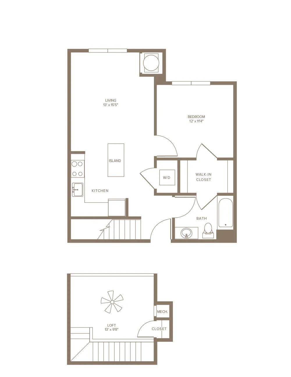 868 square foot one bedroom one bath with loft apartment floorplan image