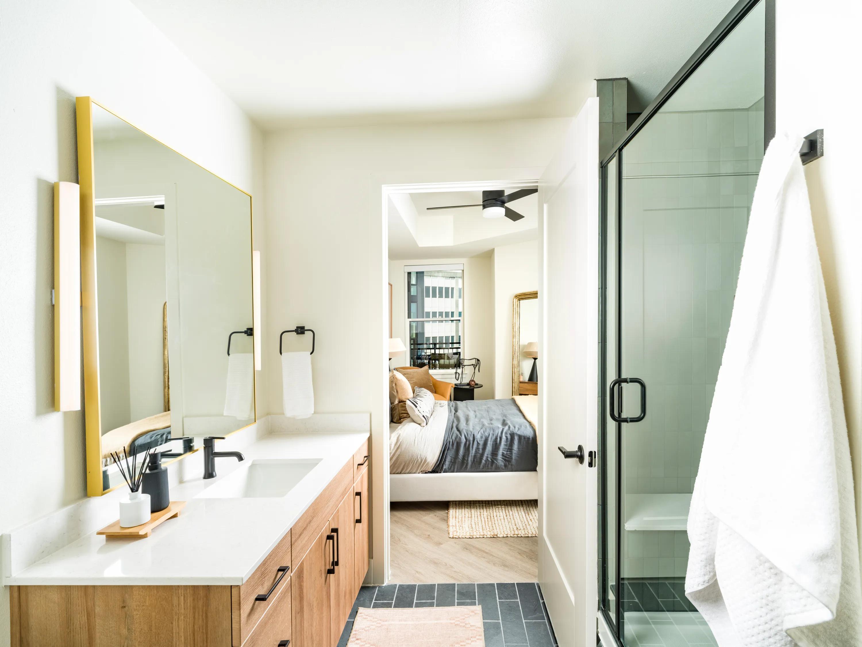 spacious bathroom with high end finishes modera st paul apartments dallas tx