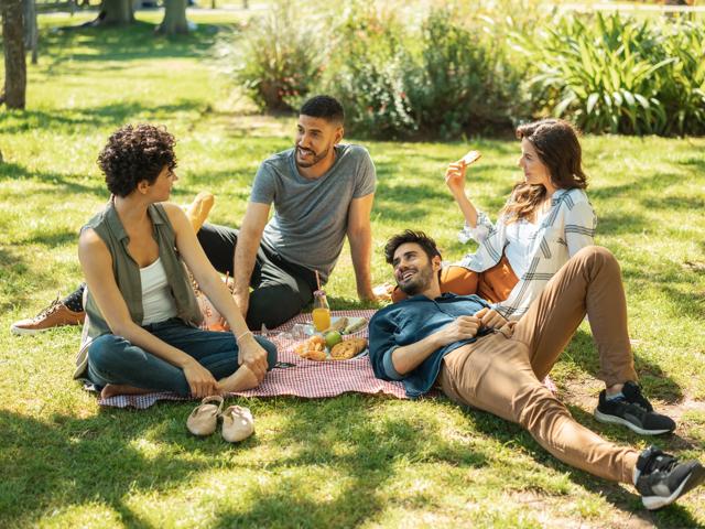 A group of 4 friend's on a picnic blanket with food in a park