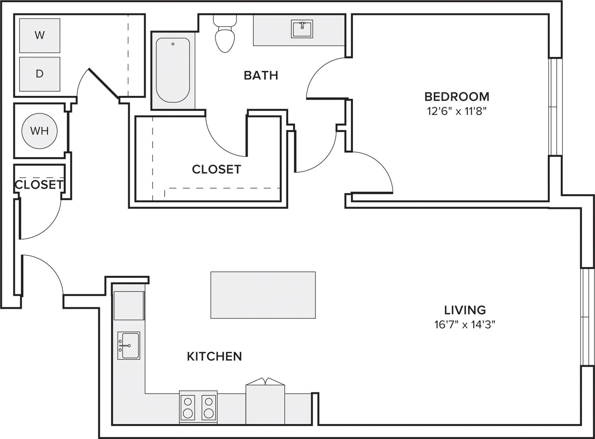 850 square foot one bedroom one bath apartment floor plan in Houston, TX