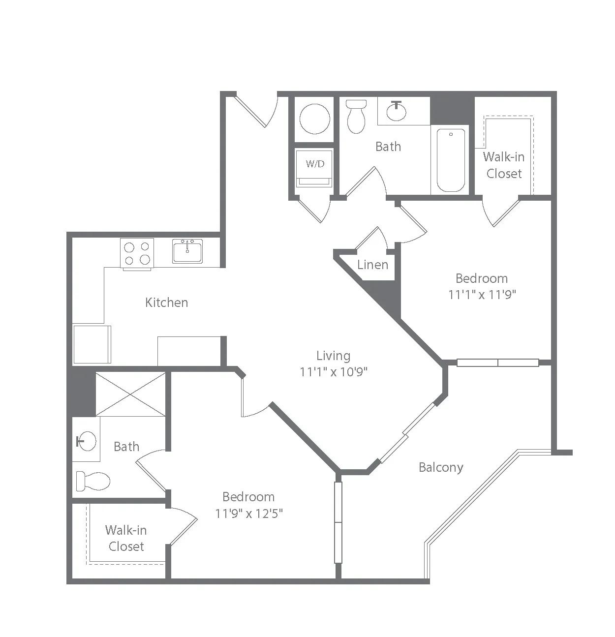 954 square foot two bedroom two bath apartment floorplan image