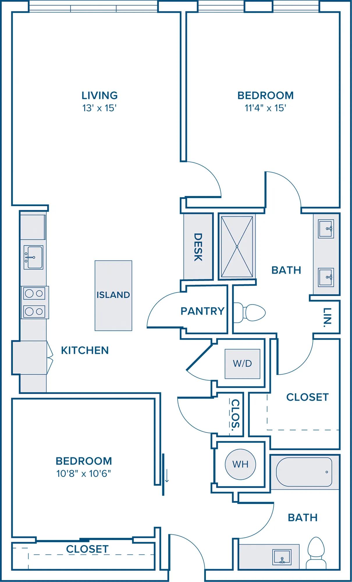 1053 square foot two bed two bath apartment floor plan in Nashville, TN