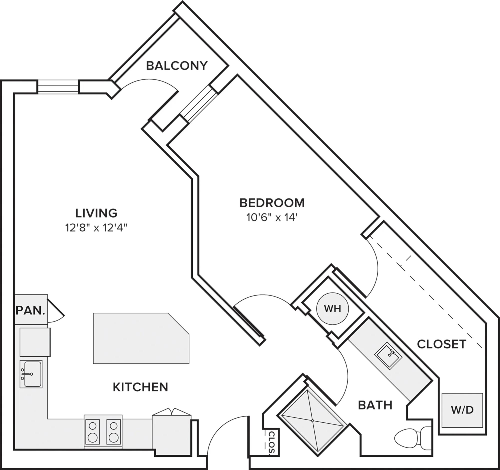 720 square foot one bed one bath apartment floor plan in Dallas, TX