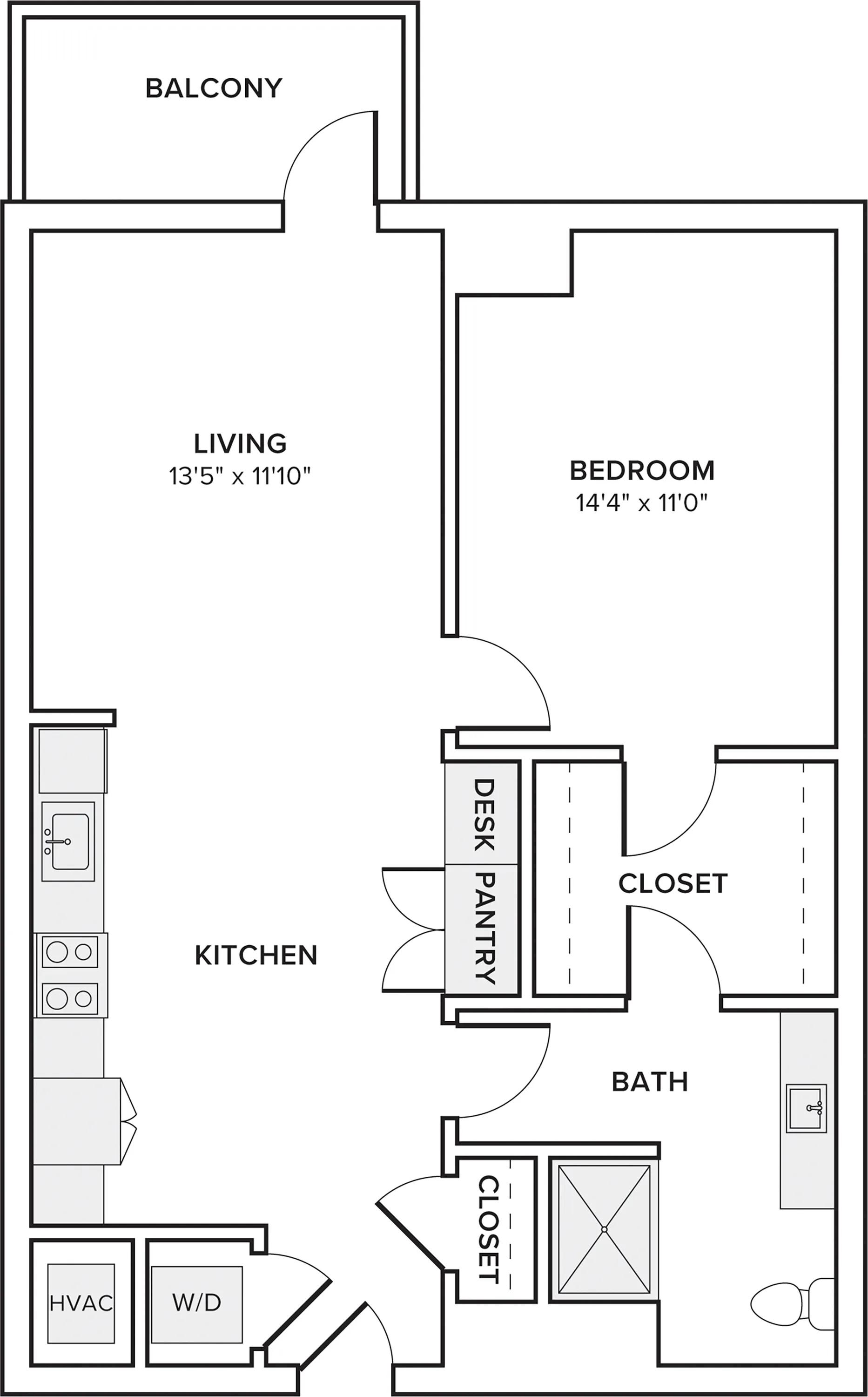 784 square foot one bed one bath apartment floor plan in Atlanta, GA