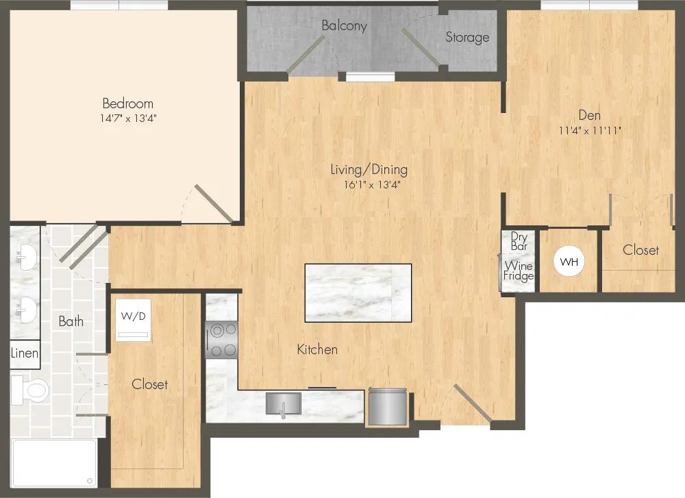 1020 square foot one bedroom one bath apartment floor plan in Dallas, TX