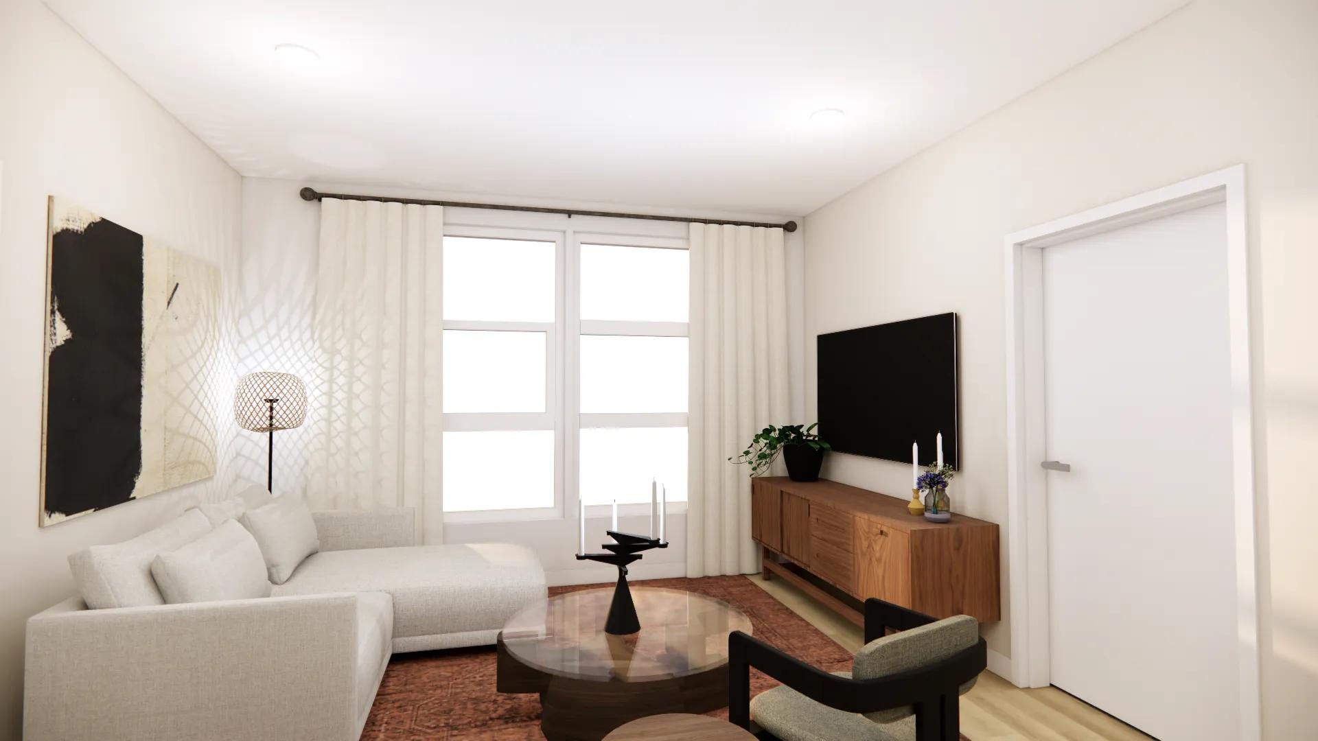 large windows looking into spacious living room at modera university park apartment homes for rent in denver co