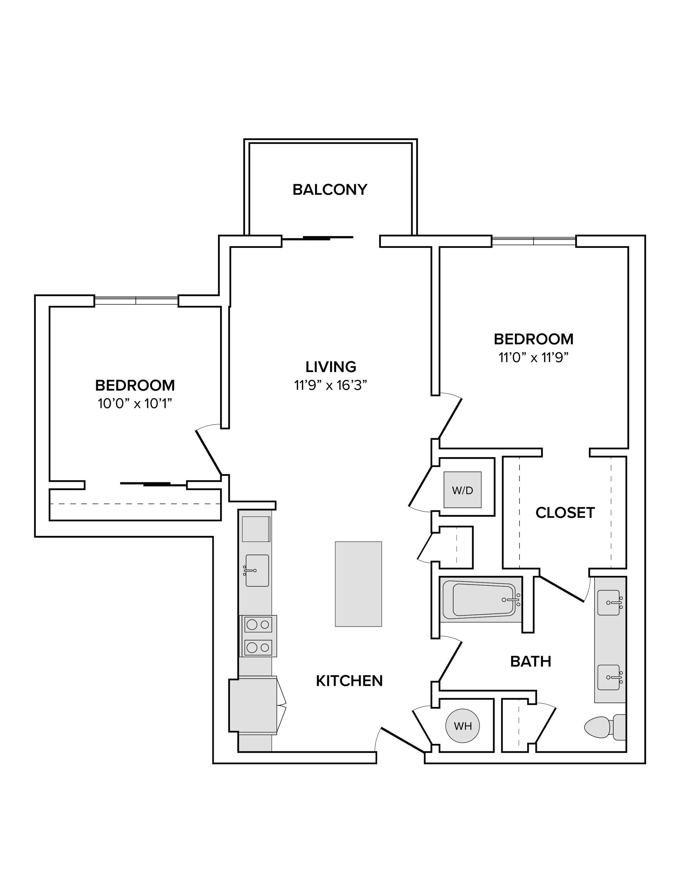 882 square foot two bed one bath apartment floor plan image