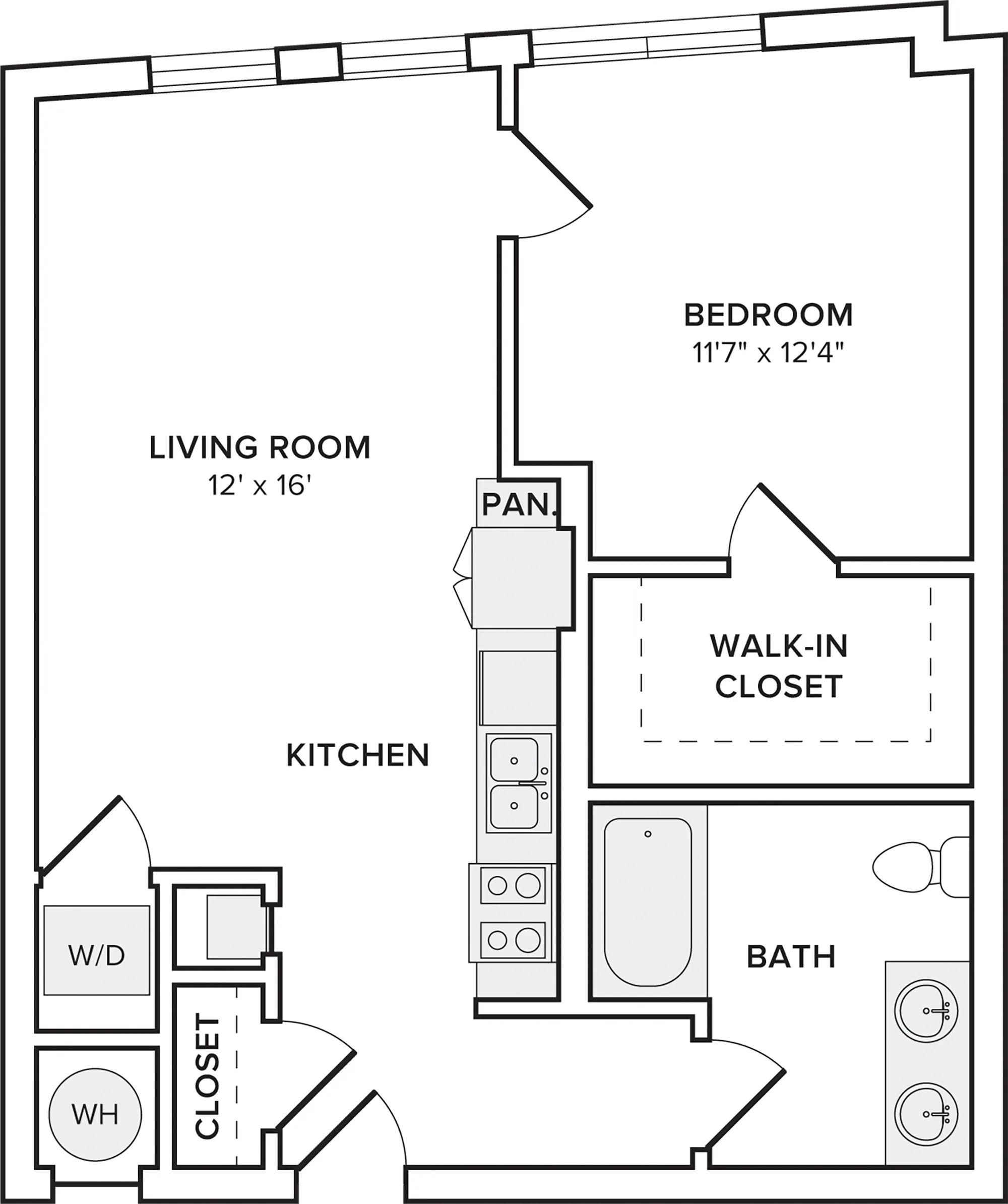 737 square foot one bedroom one bath apartment floorplan image