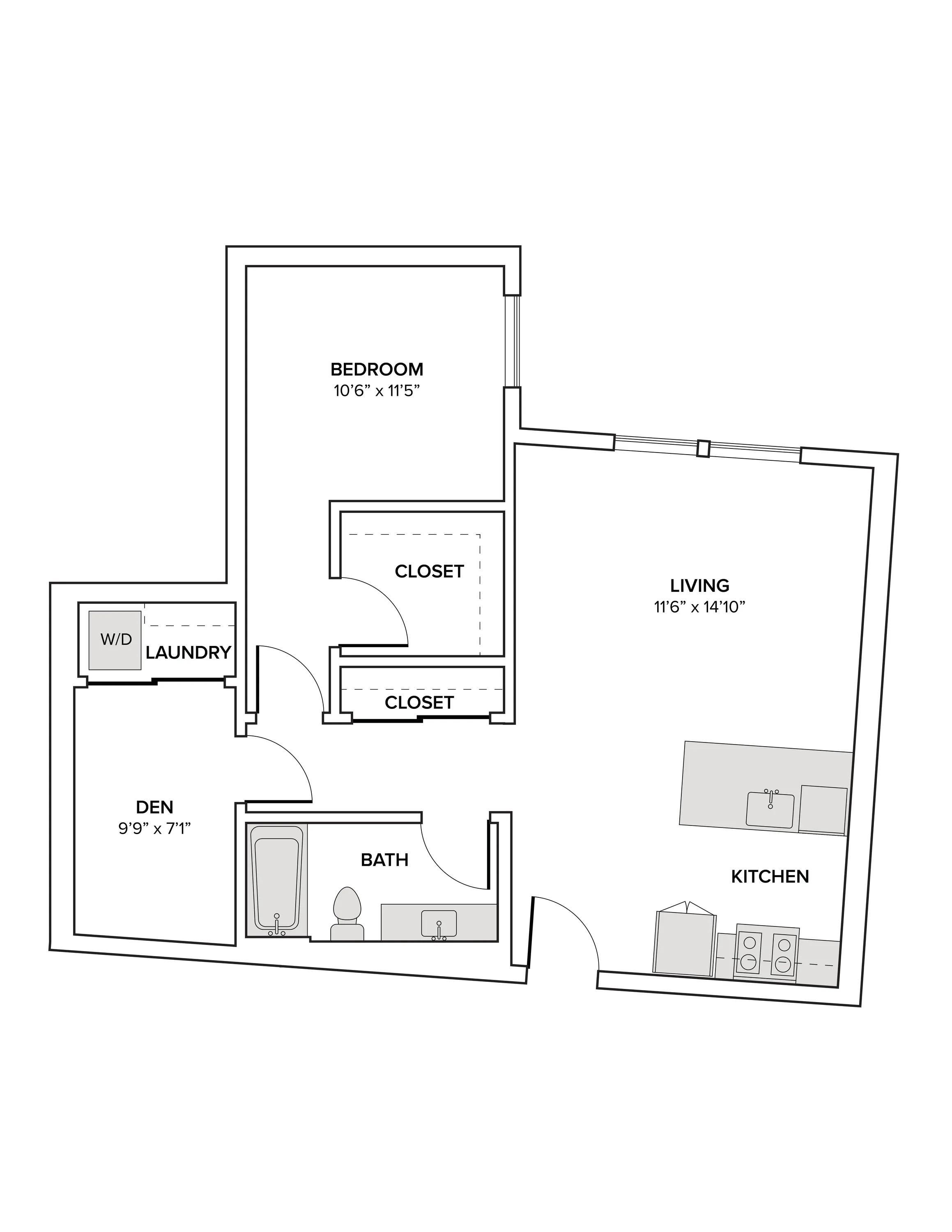 845 square foot one bedroom one bath with a den apartment floor plan image