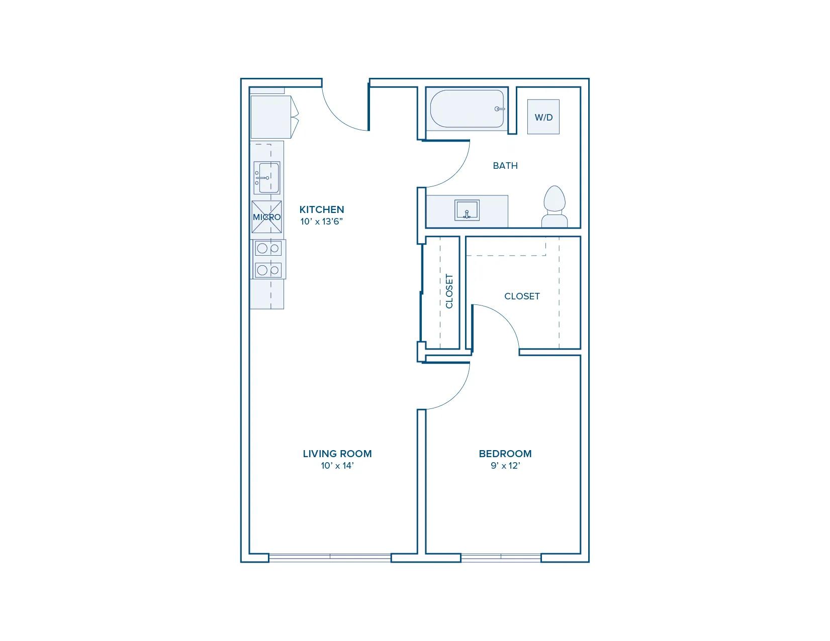 631 square foot one bed one bath floor plan in Beaverton, OR