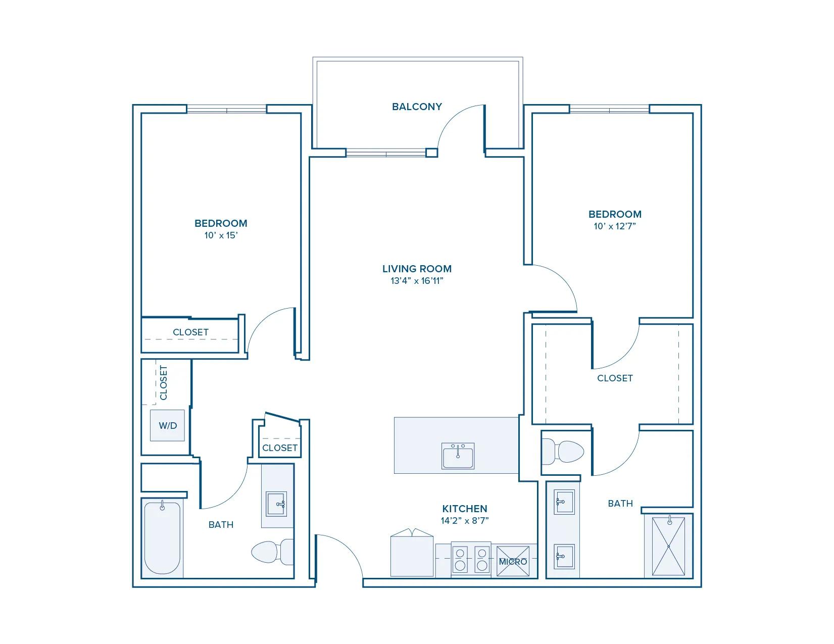 1034 square foot two bed two bath floor plan in Beaverton, OR