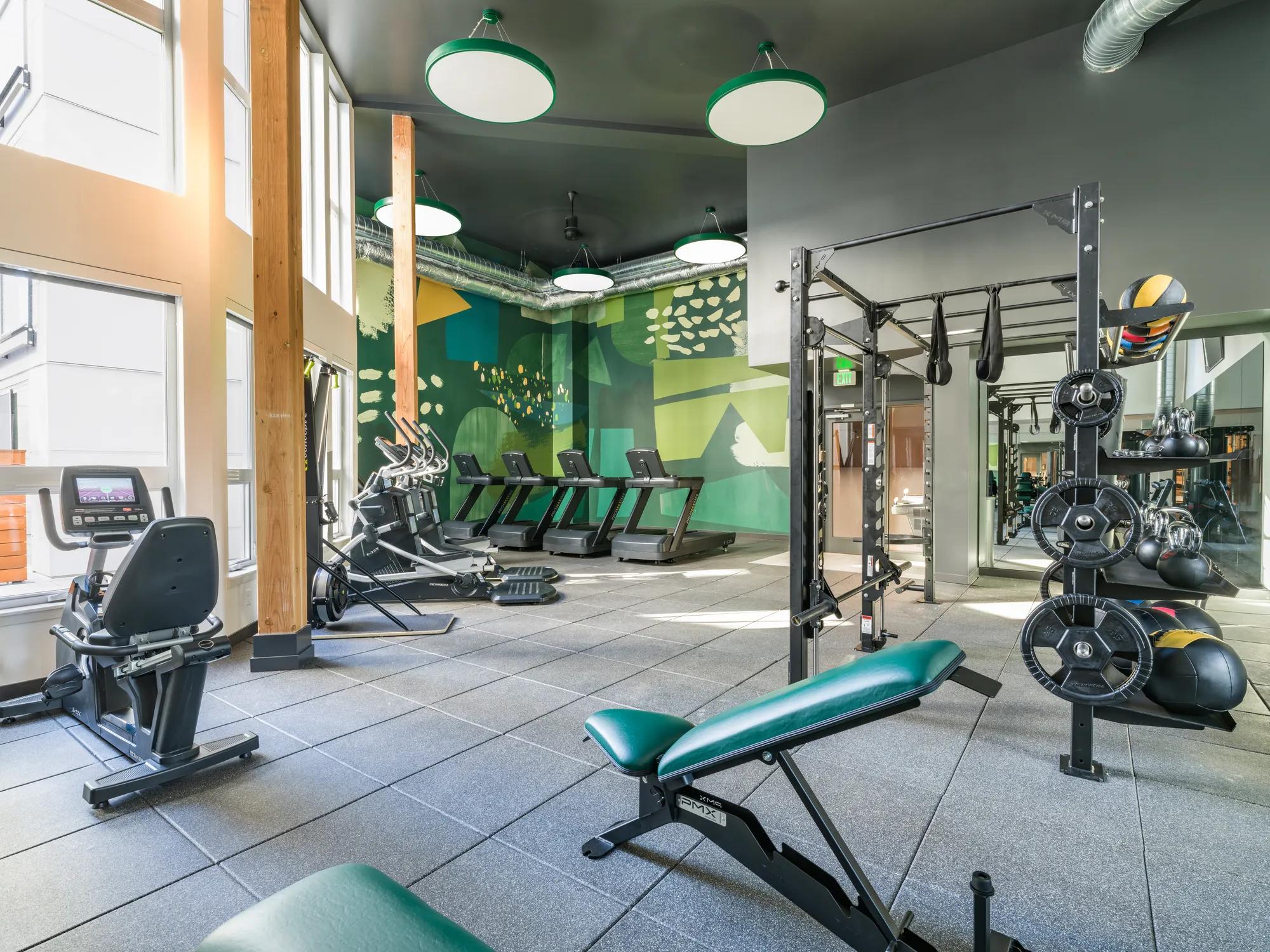 fitness center with equipment and high ceilings and large windows modera northgate apartment homes for rent in seattle wa