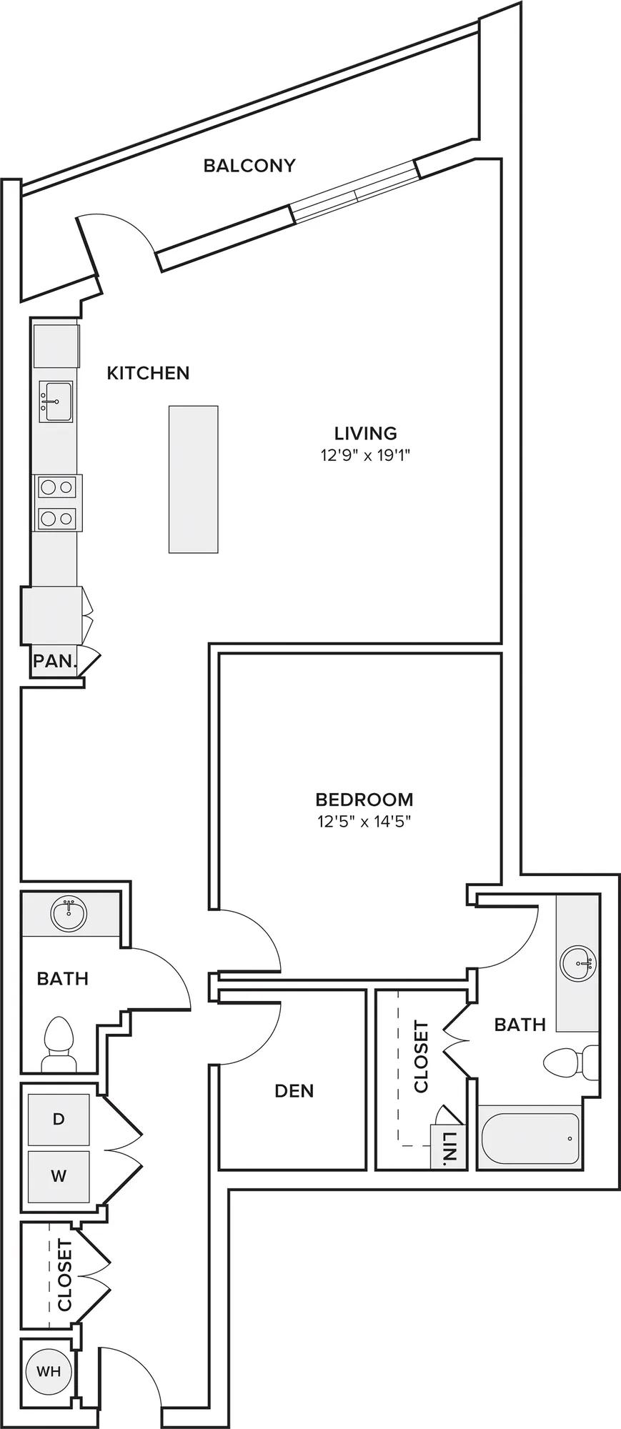 1066 square foot one bedroom one bath with den apartment floor plan in Austin, TX