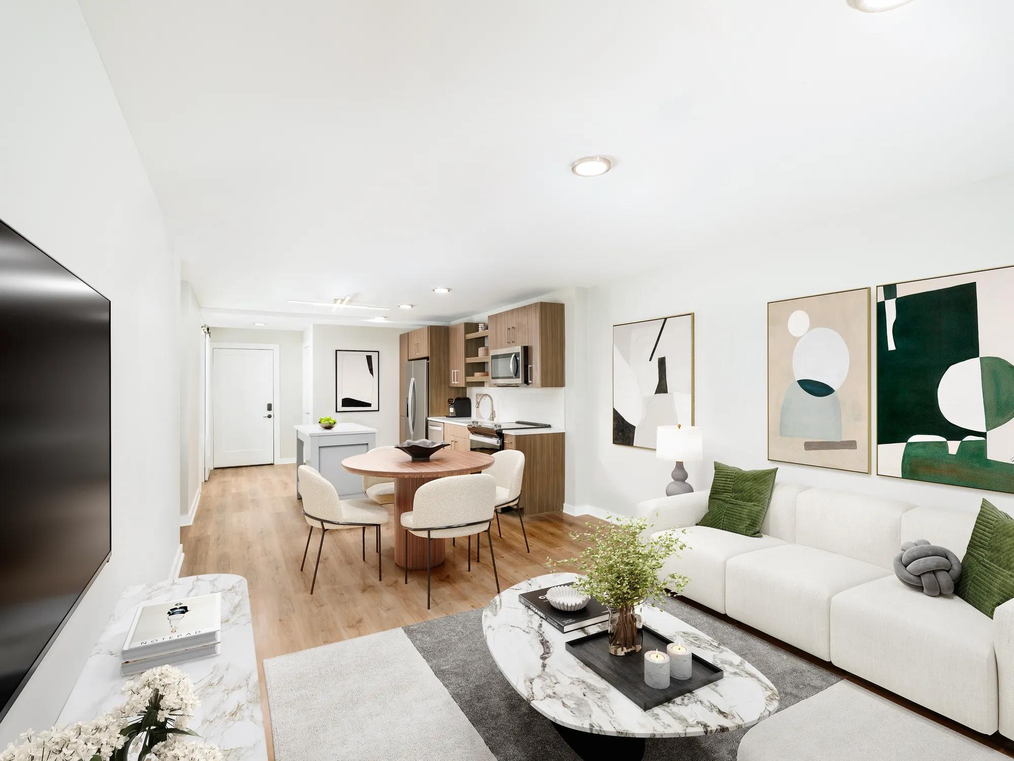 open concept living room and kitchen in large space modera loso apartment homes for rent in charlotte nc