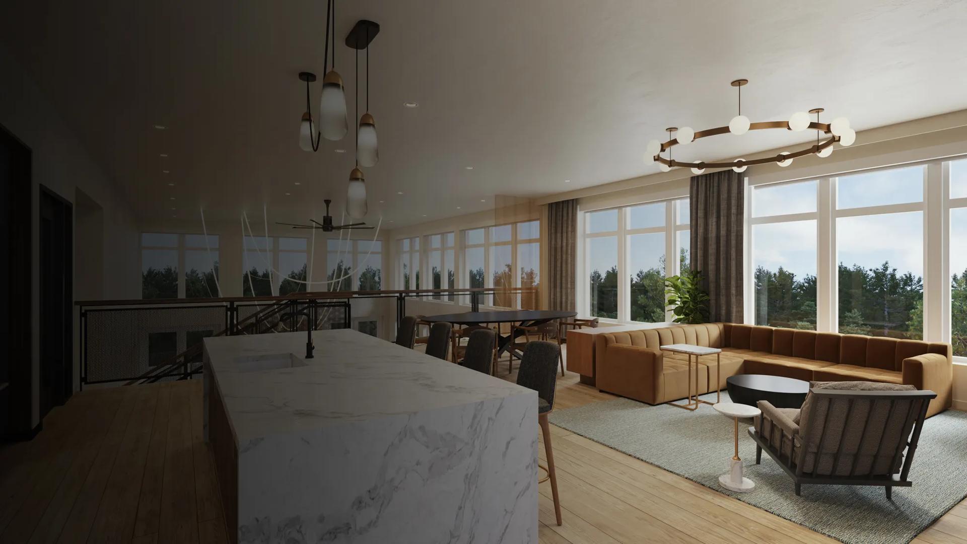 gradient overlay clubroom rendering with seating modera shoreline apartment homes for rent in wa