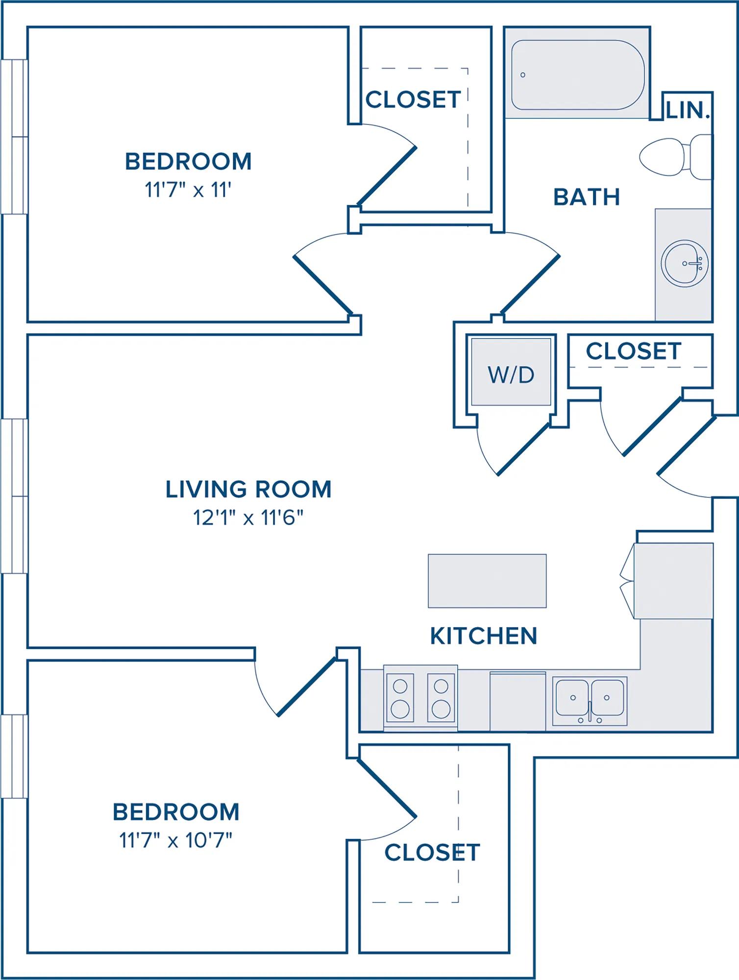 865 to 936 square foot two bedroom one bath apartment floorplan image