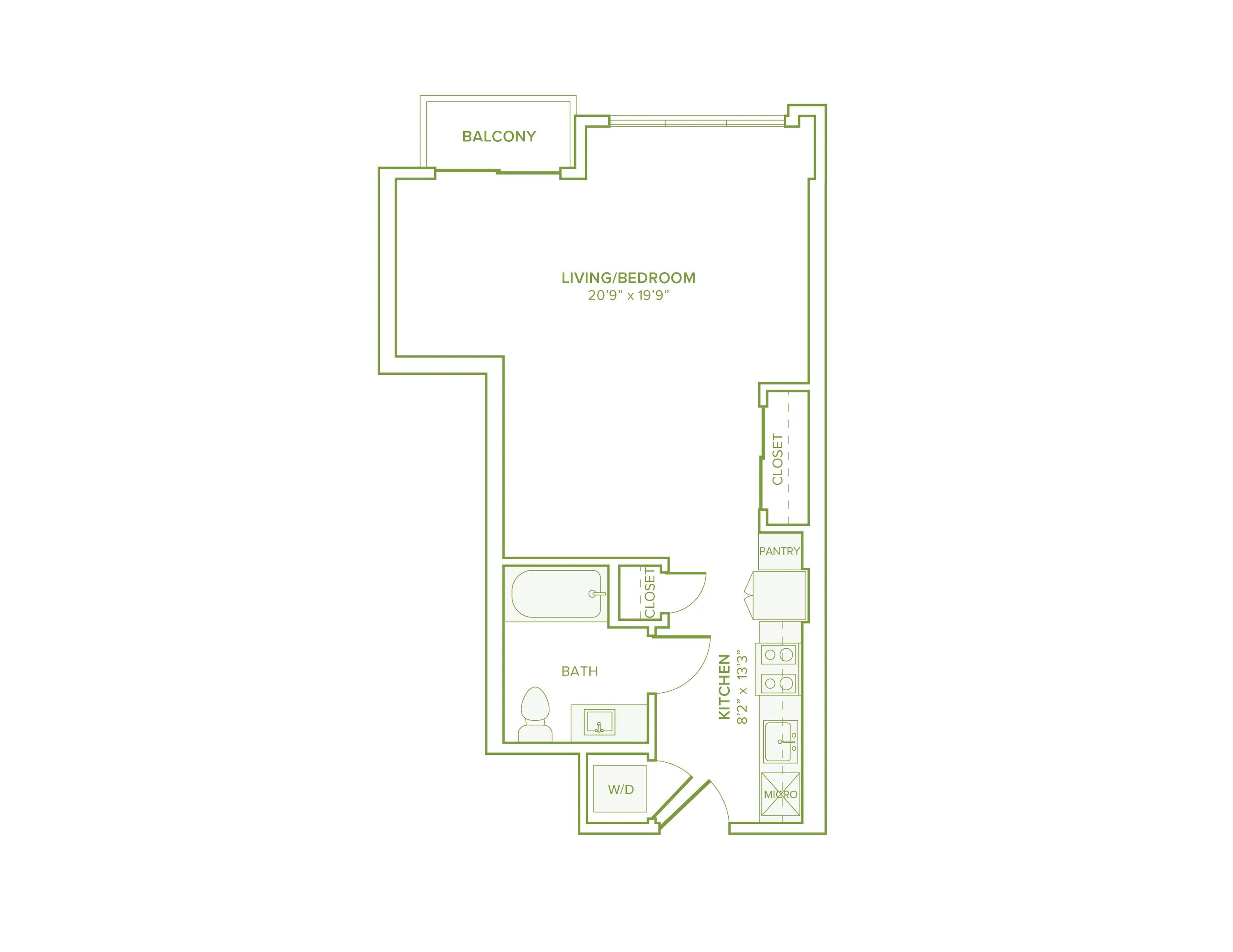 575 square foot studio one bath floor plan in Falls Church, VA
