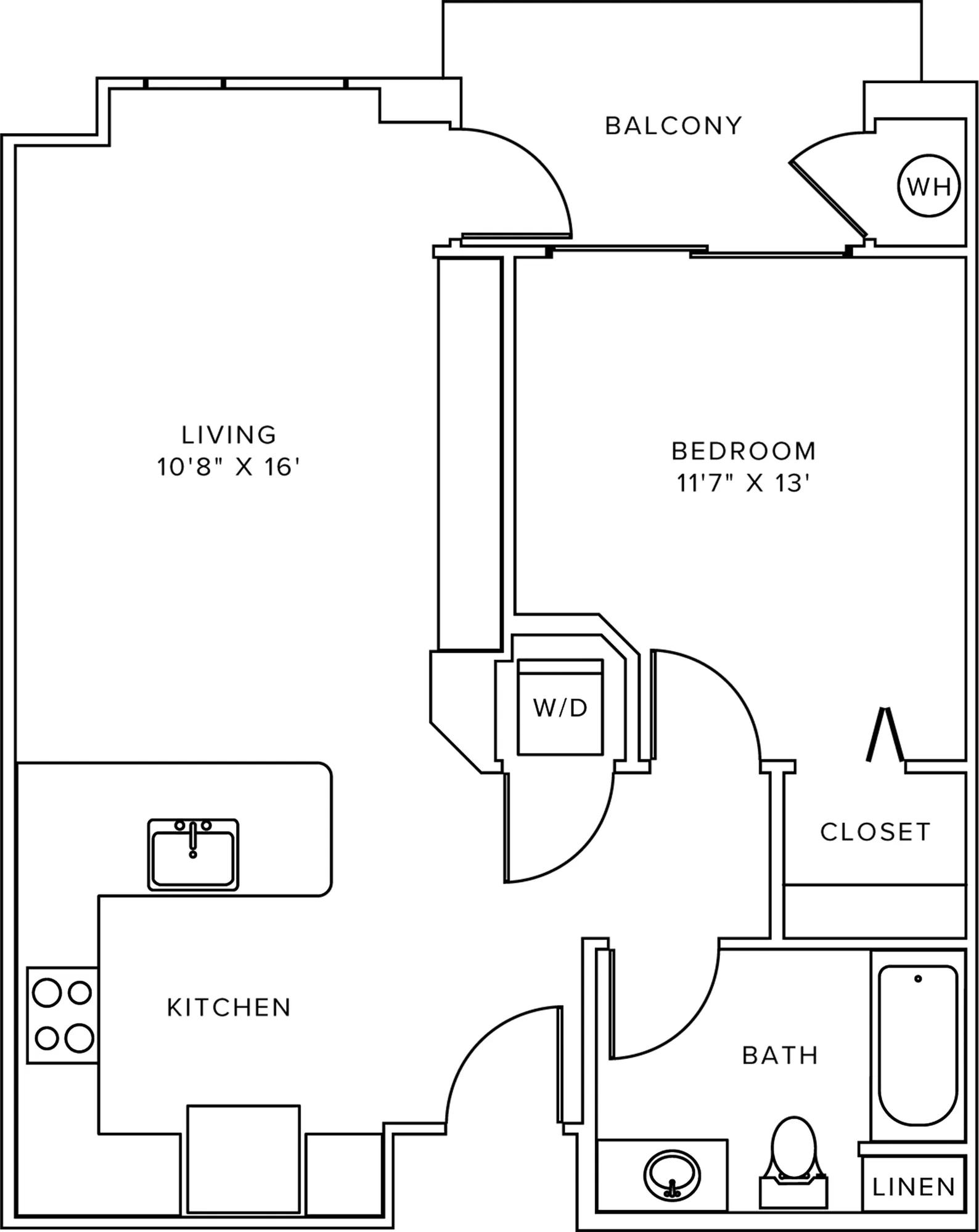 708 square foot one bedroom one bath apartment floorplan image