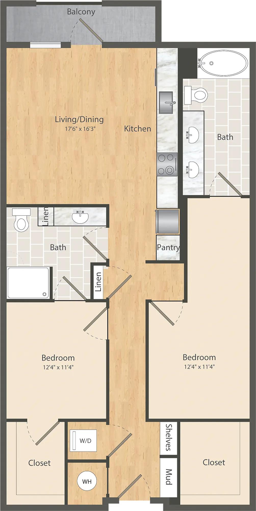 1148 square foot two bedroom two bath apartment floor plan in Dallas, TX