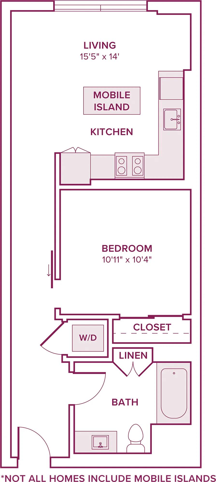 610 square foot one bed one bath floor plan in Argyle, CA