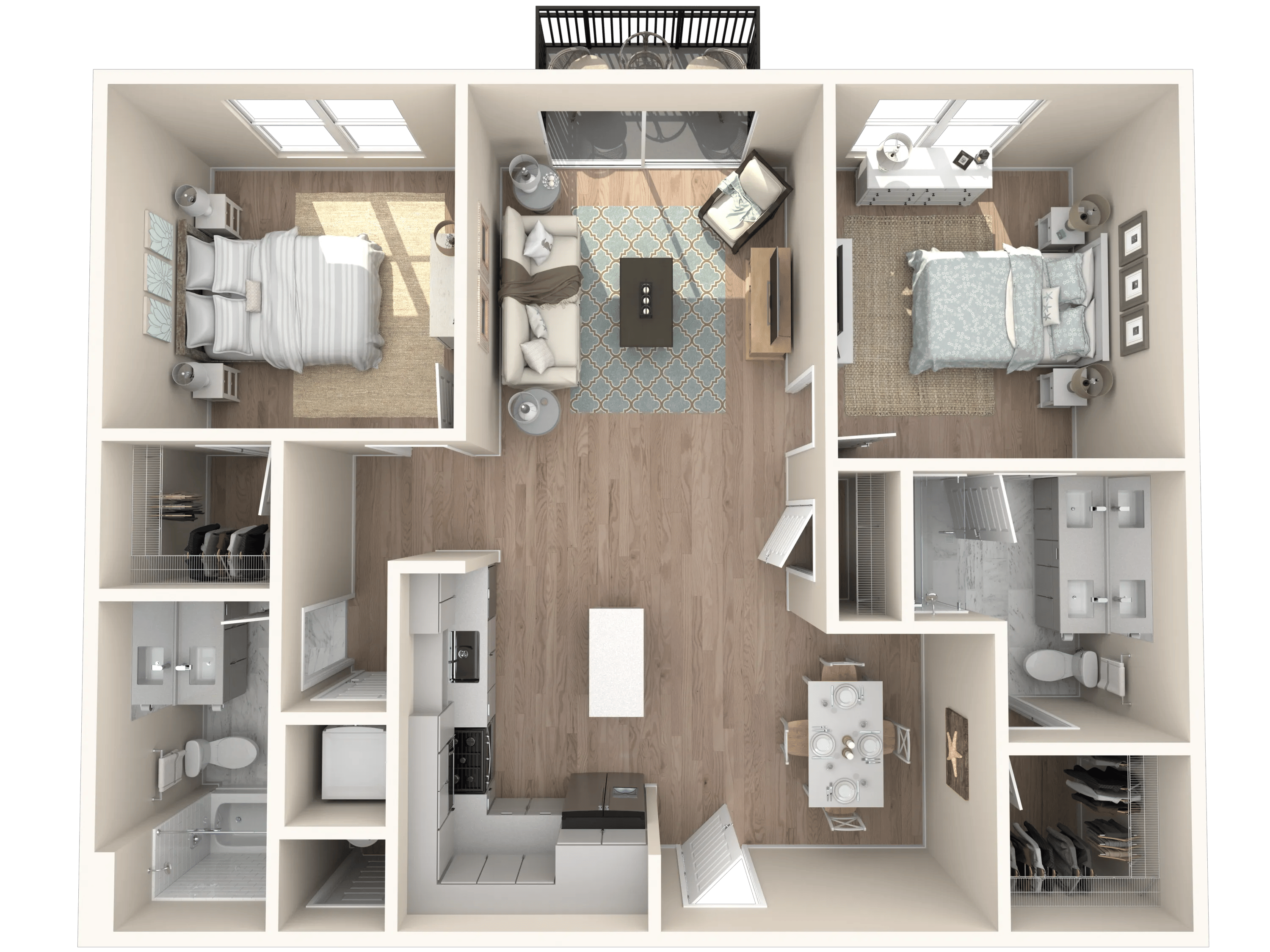 1089 square foot two bed two bath floor plan in Tampa, FL