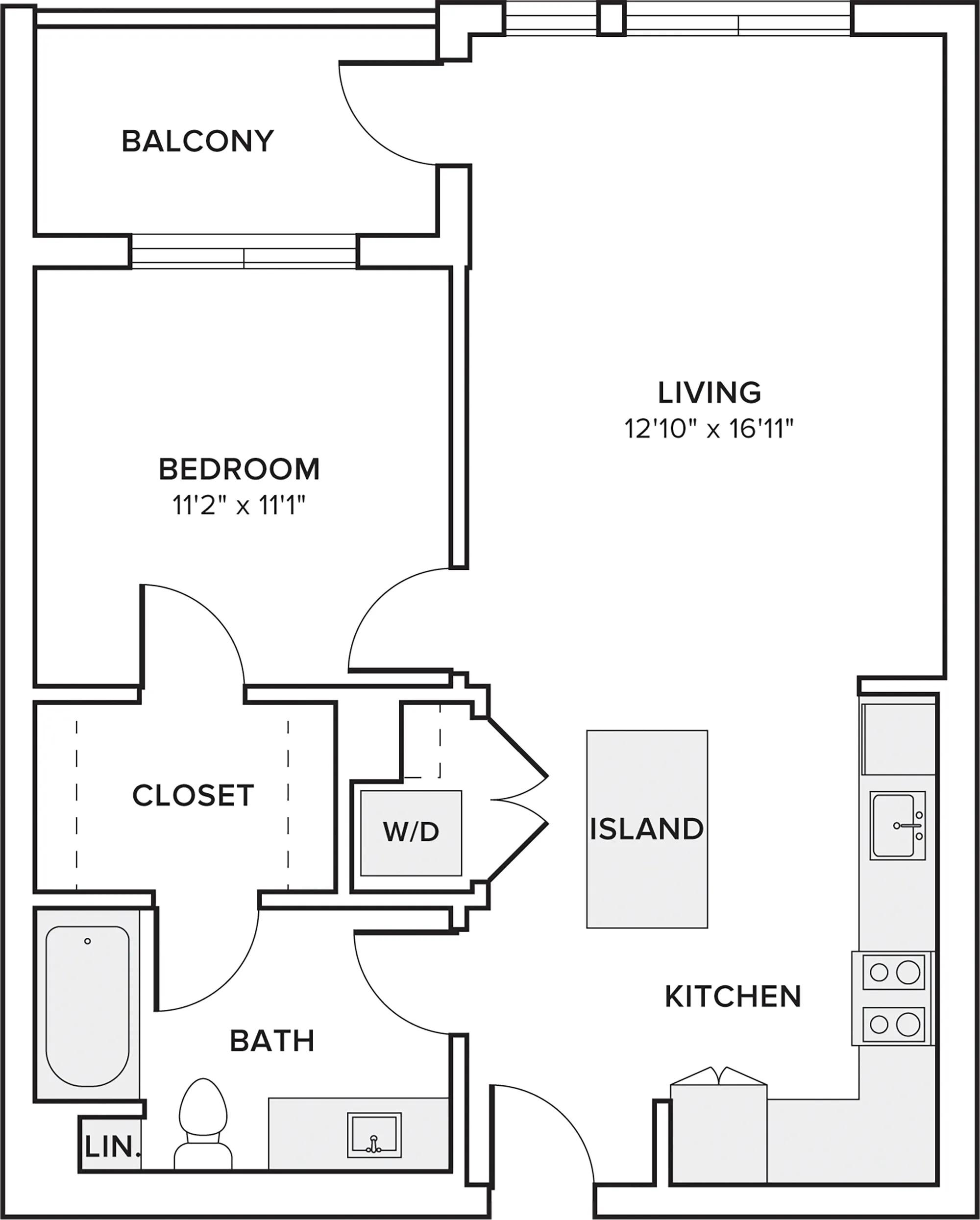 690-746 square foot one bedroom one bath apartment floor plan in Pomona, CA