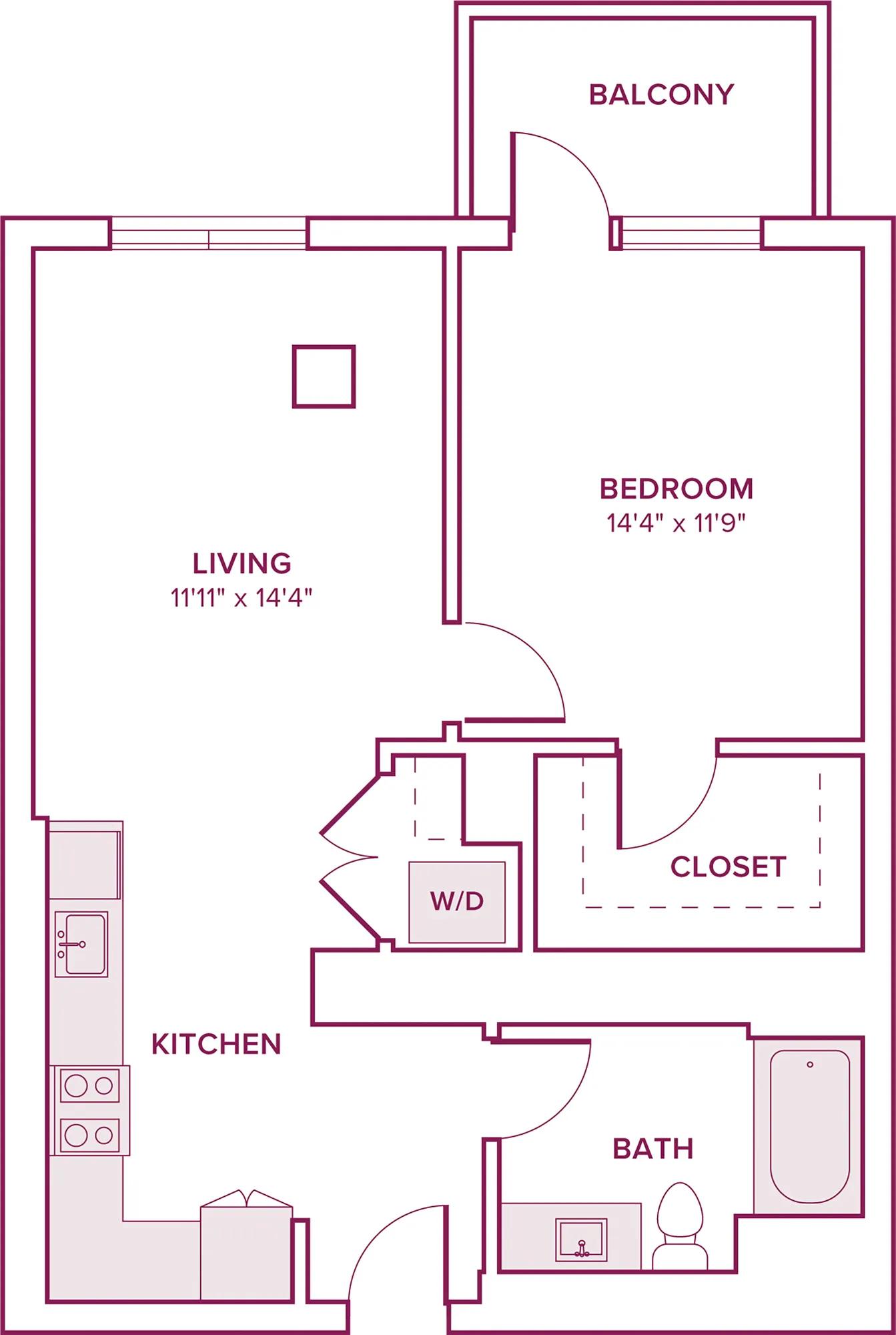 704 square foot one bed one bath floor plan in Argyle, CA