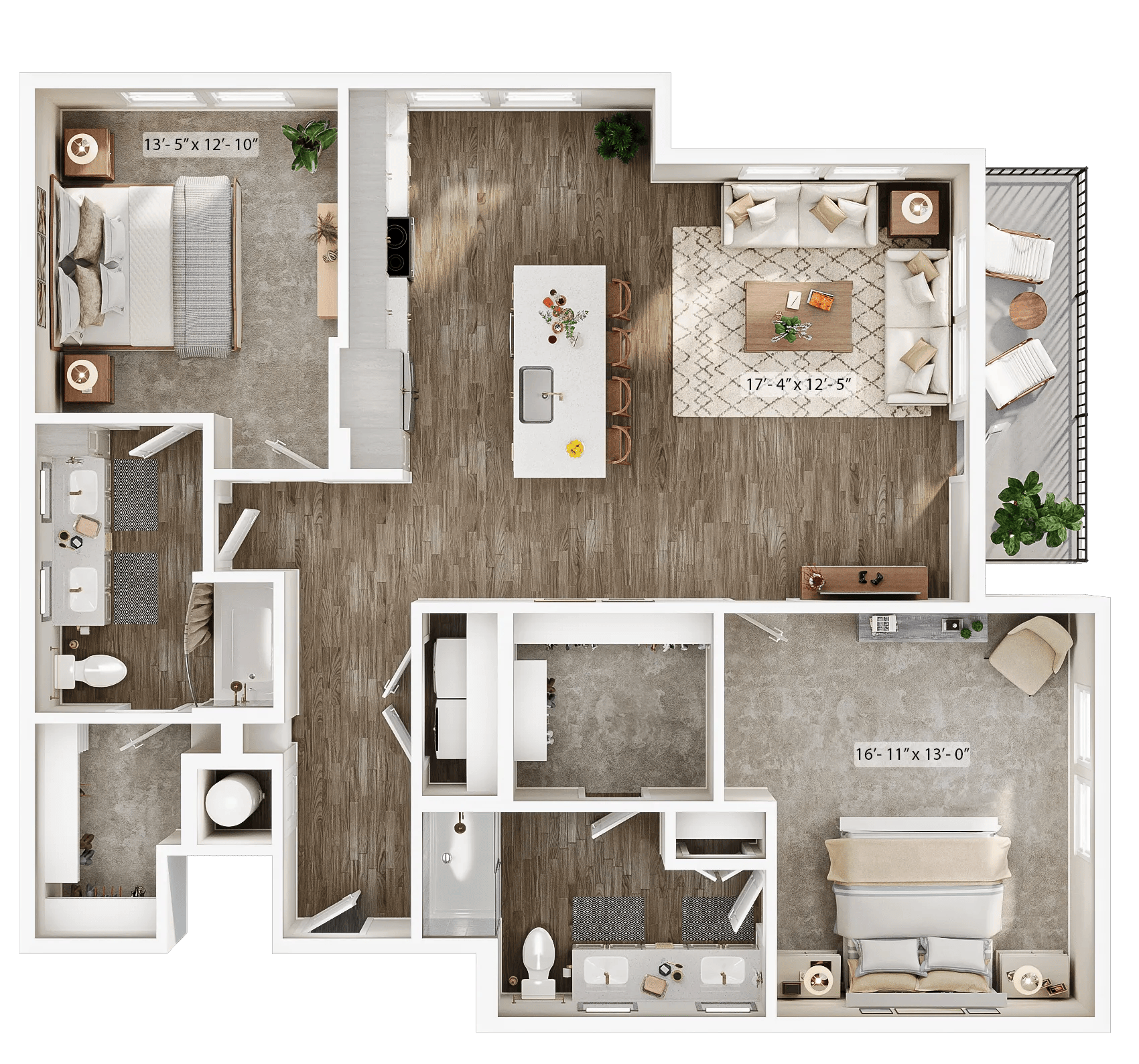 1410 square foot two bedroom two bath apartment floor plan image
