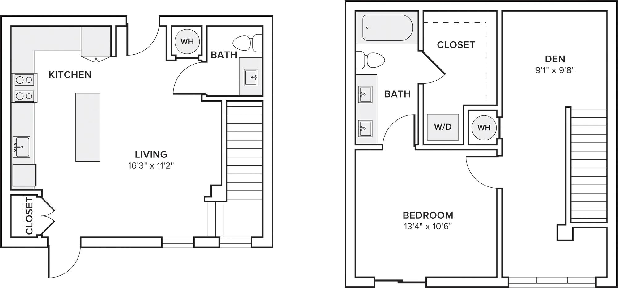 1060 square foot one bed one and a half bath townhome floor plan in Dallas, TX