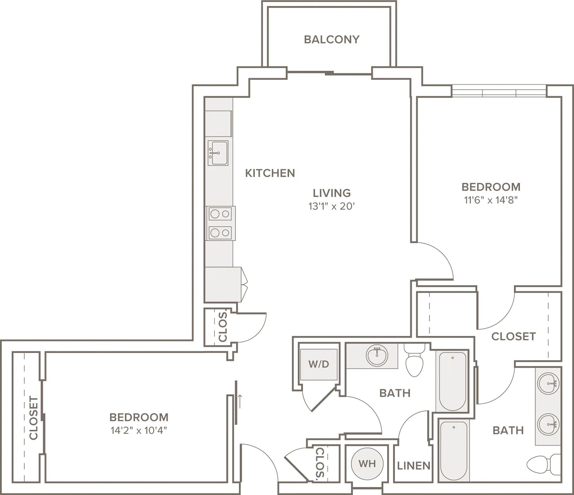 1071 square foot two bedroom two bath apartment floorplan image