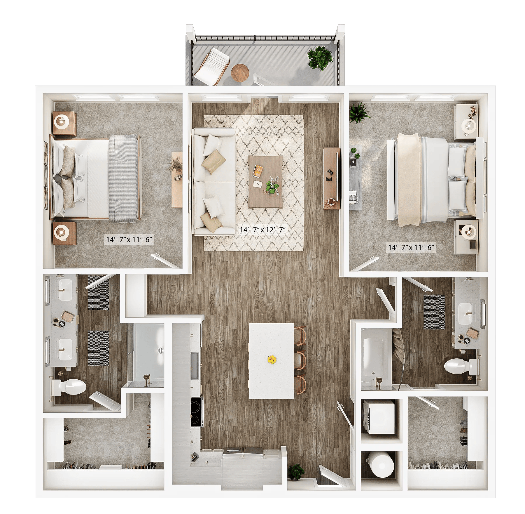 1158 square foot two bed two bath floor plan image