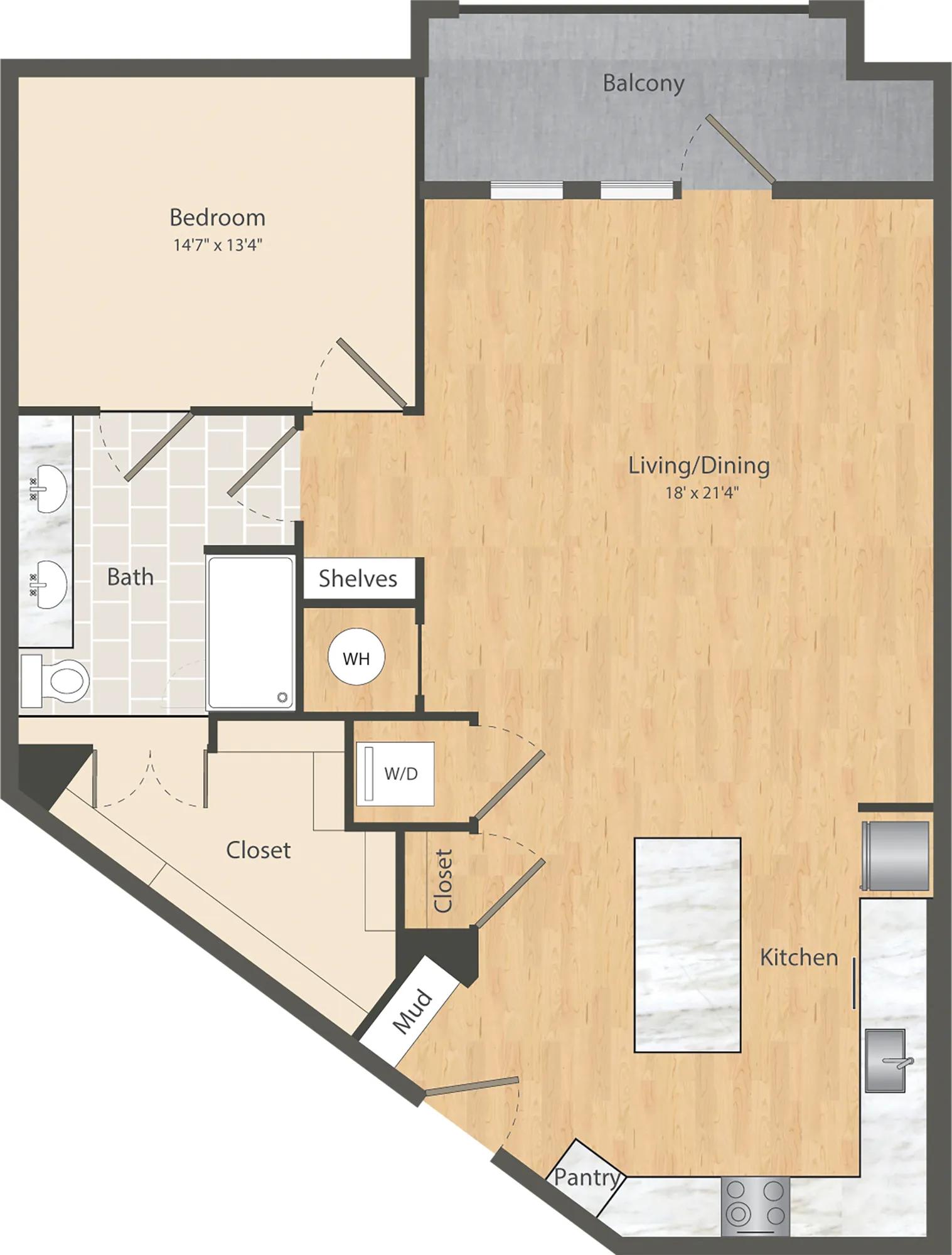 1062 square foot one bedroom one bath apartment floor plan in Dallas, TX