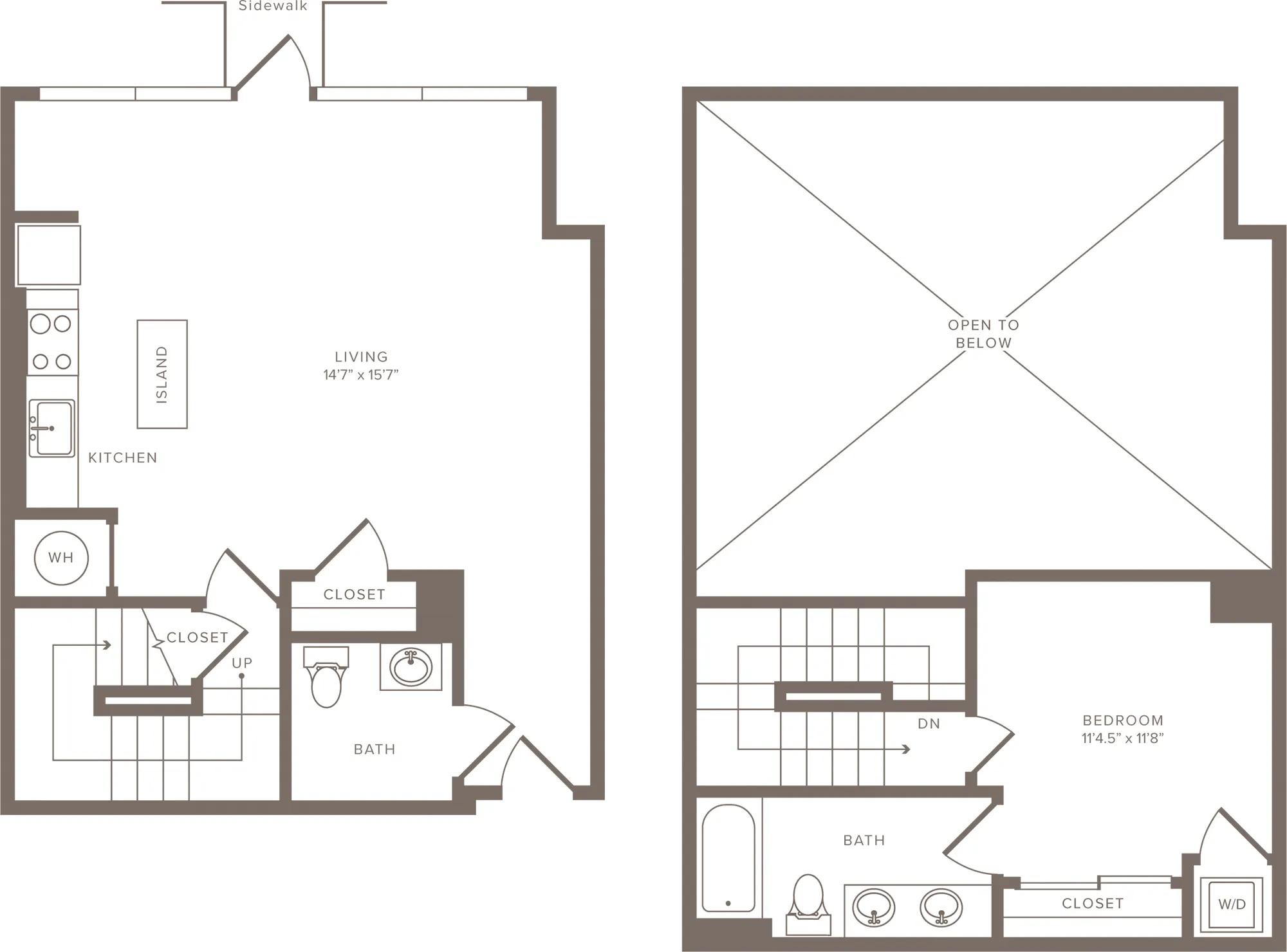 1061 square foot one bedroom two bath loft apartment floorplan image