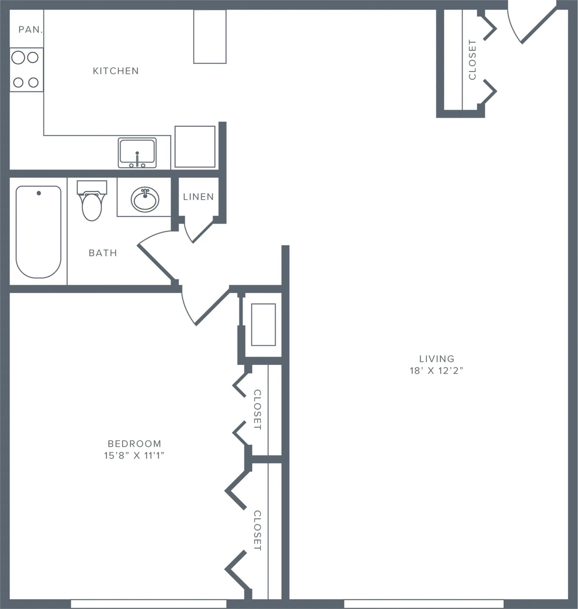 860 square foot renovated one bedroom one bath apartment floorplan image