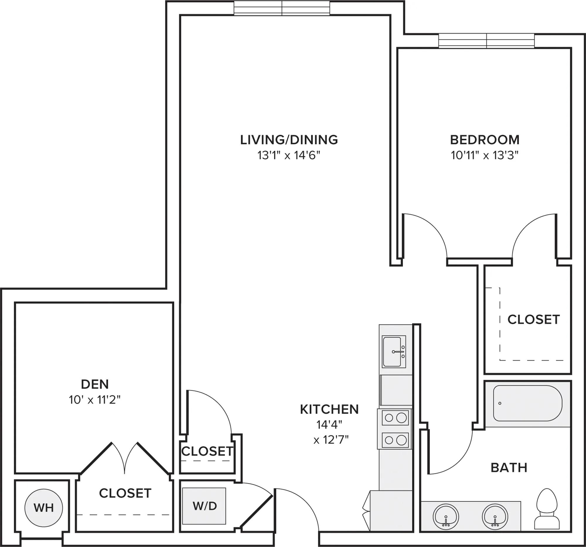 953 square foot one bedroom one bathroom apartment with den floorplan image