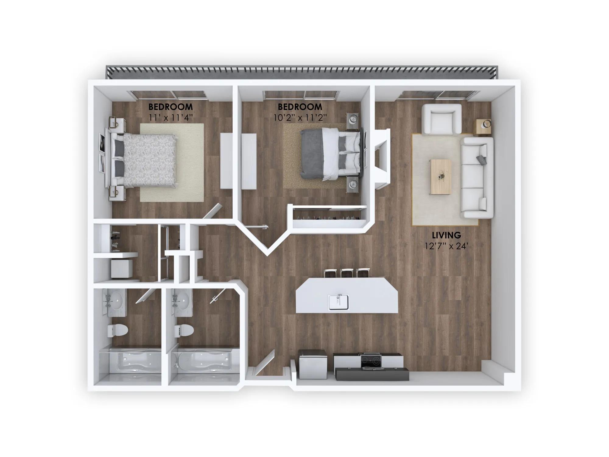 920 square foot two bedroom two story apartment floor plan