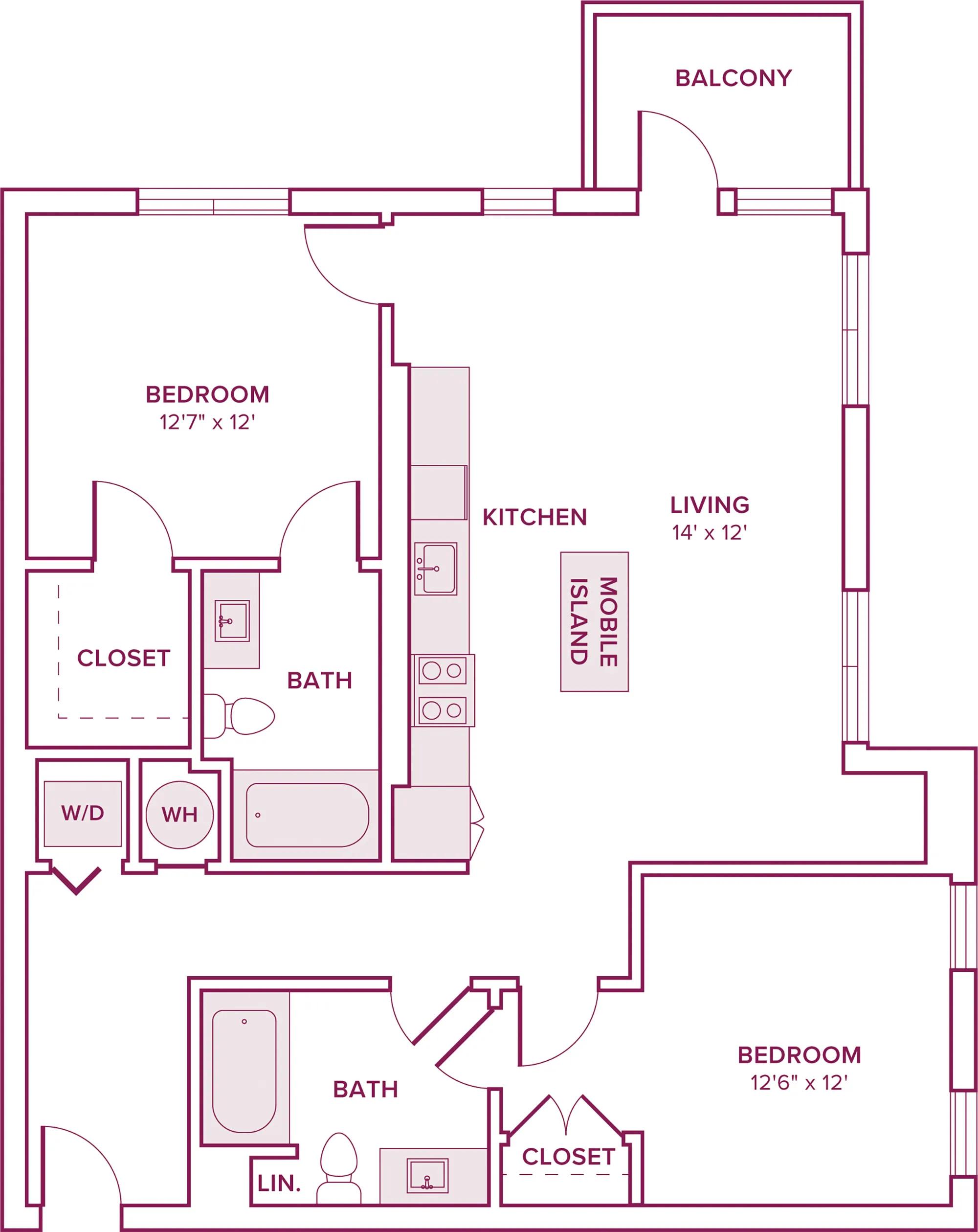 1082 square foot two bed two bath floor plan in Argyle, CA