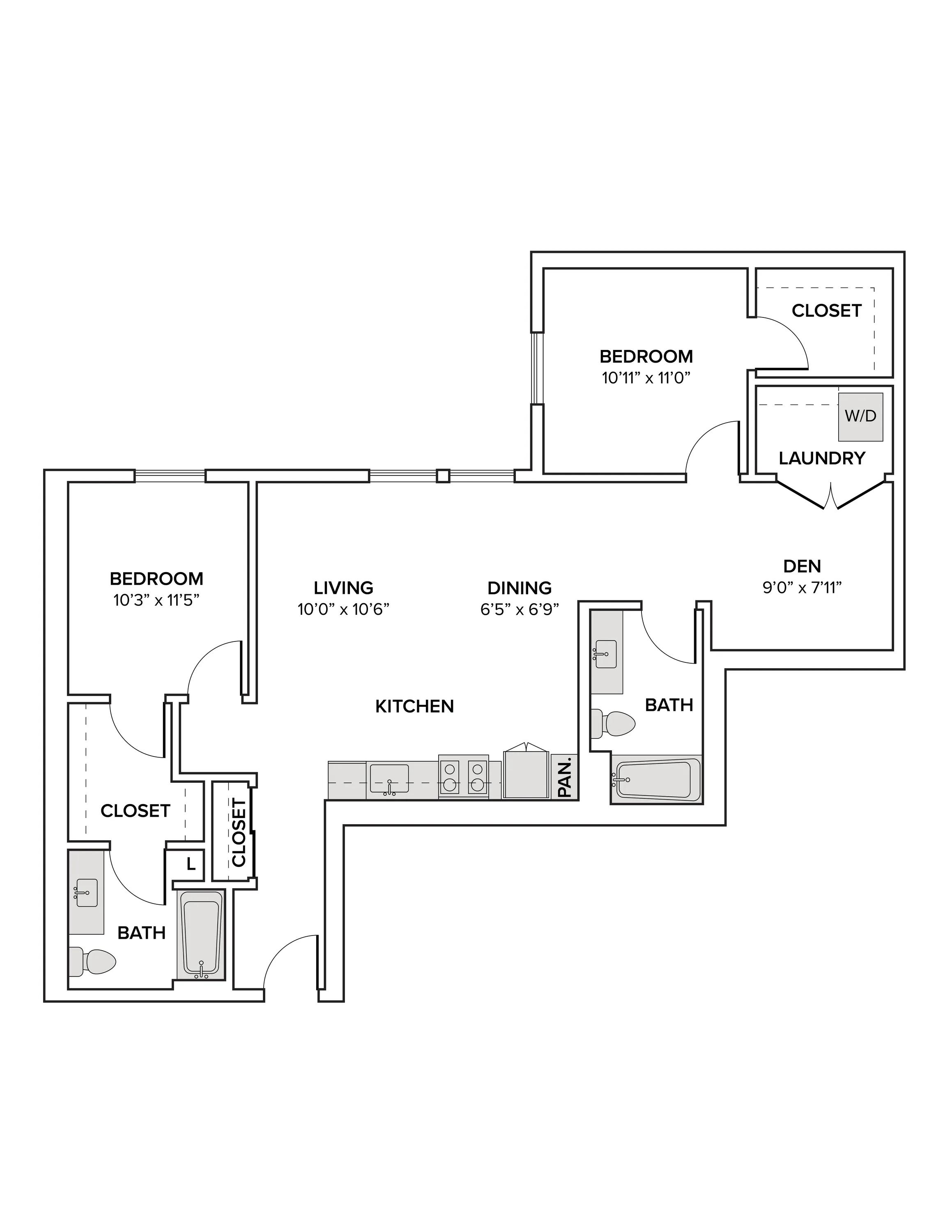 1168 square foot two bedroom two bath with a den apartment floor plan image